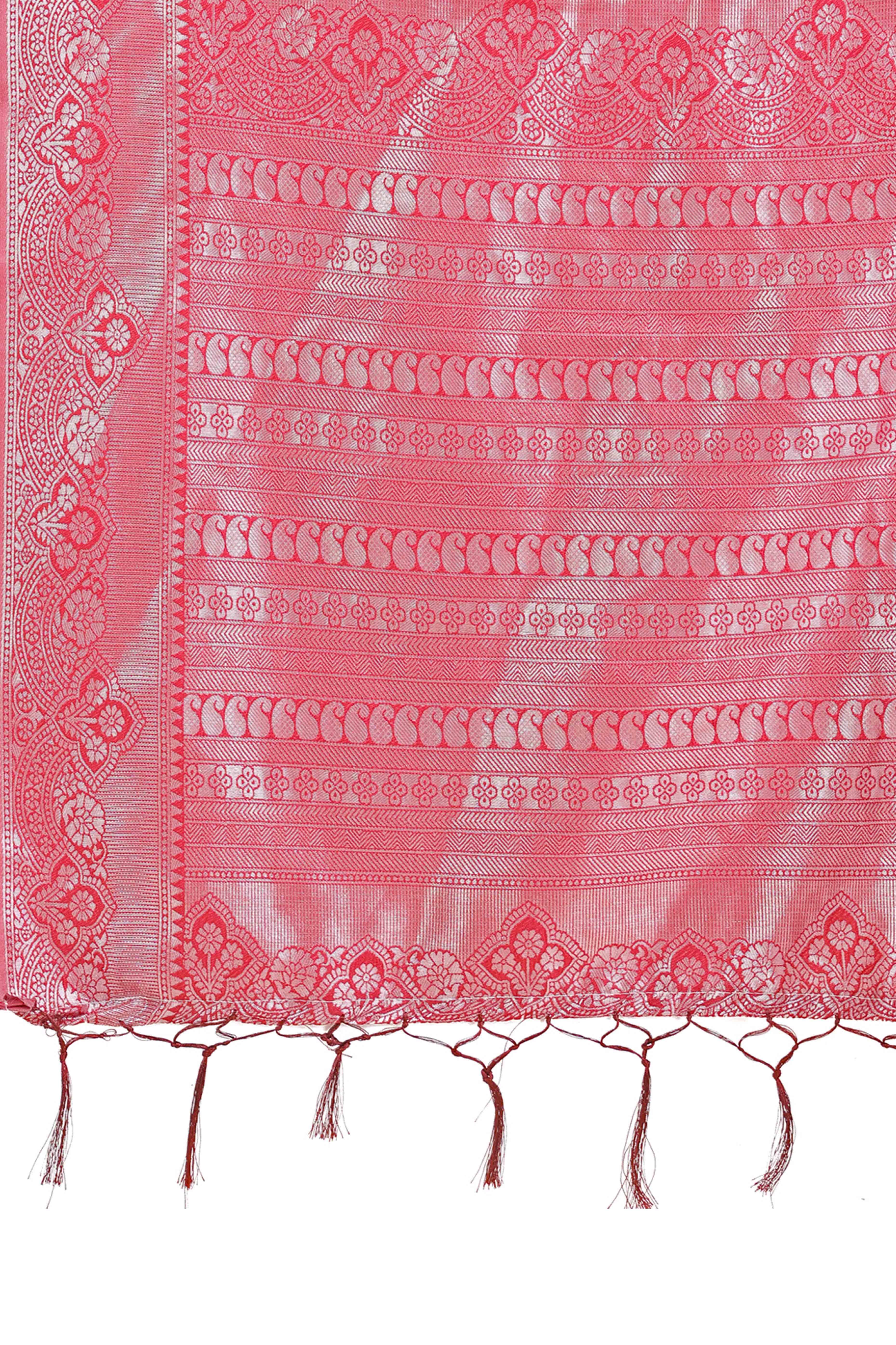 Peach Lichi Silk Blend Saree With Intricate Paisley Zari Weave & Graceful Tassels