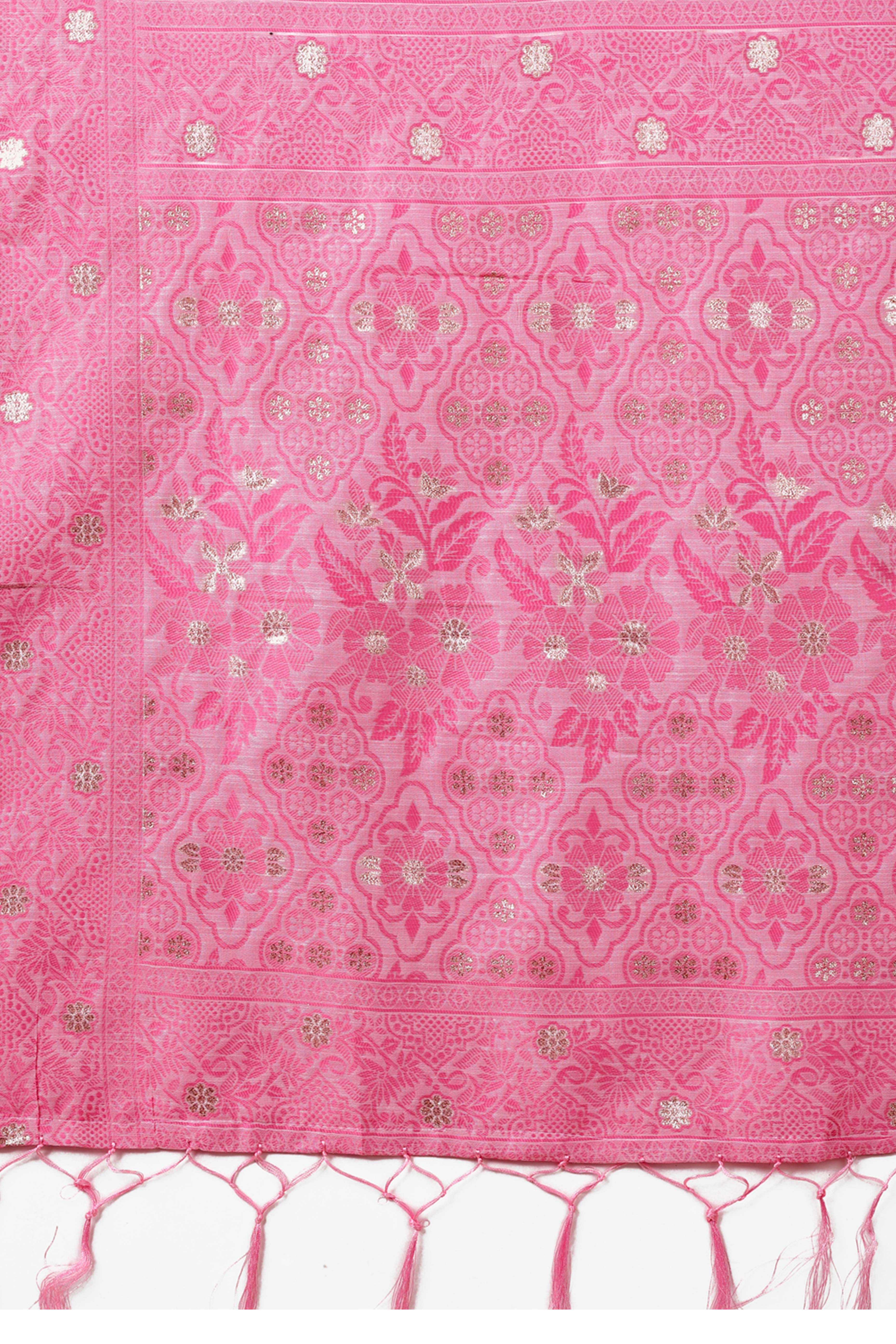 Pink Floral Zari Woven Cotton Blend Saree With Delicate Tassel Detailing