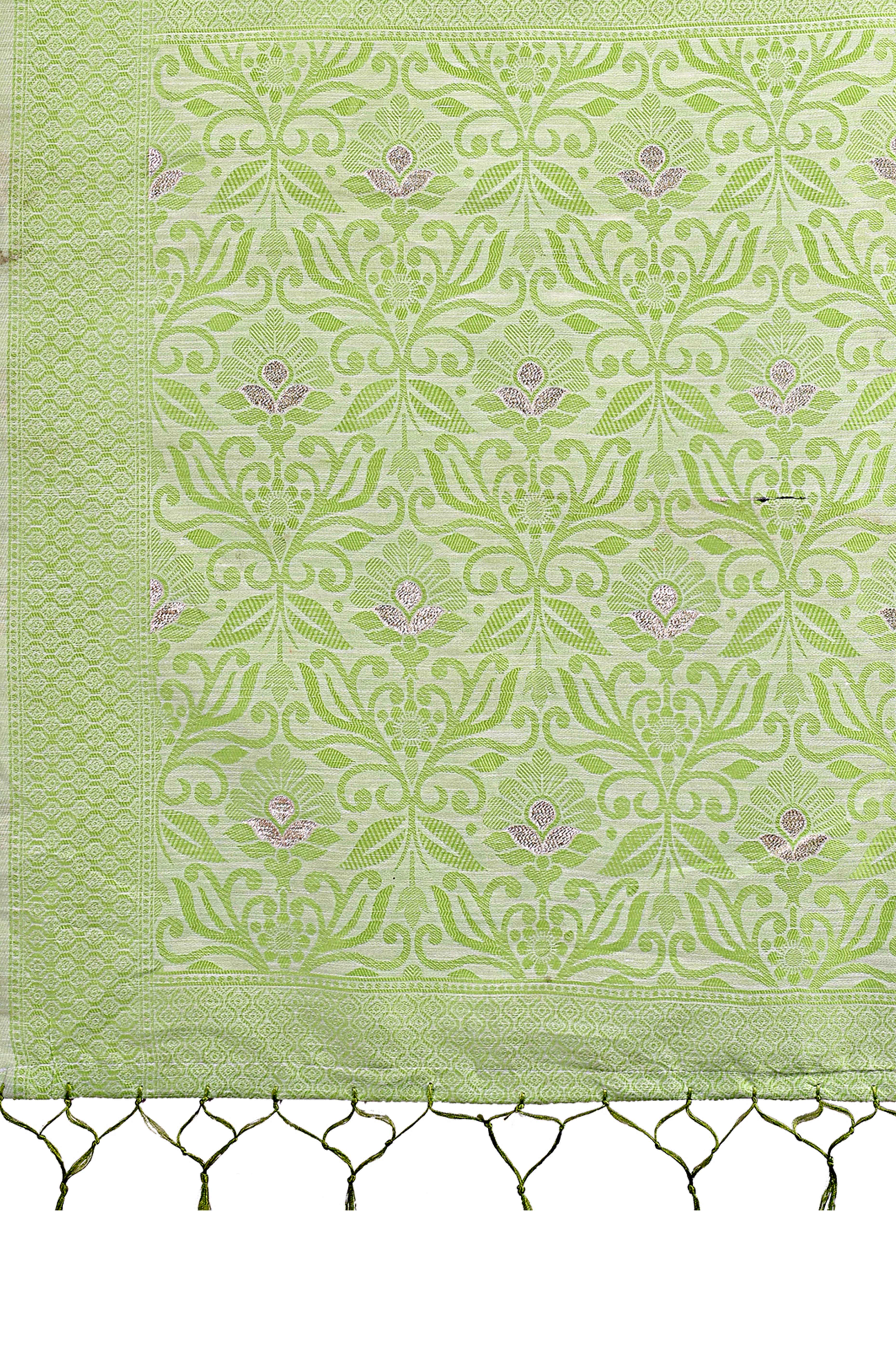 Light Green Floral Pattern Woven Saree in a Soft Cotton Blend with Tasseled Edges