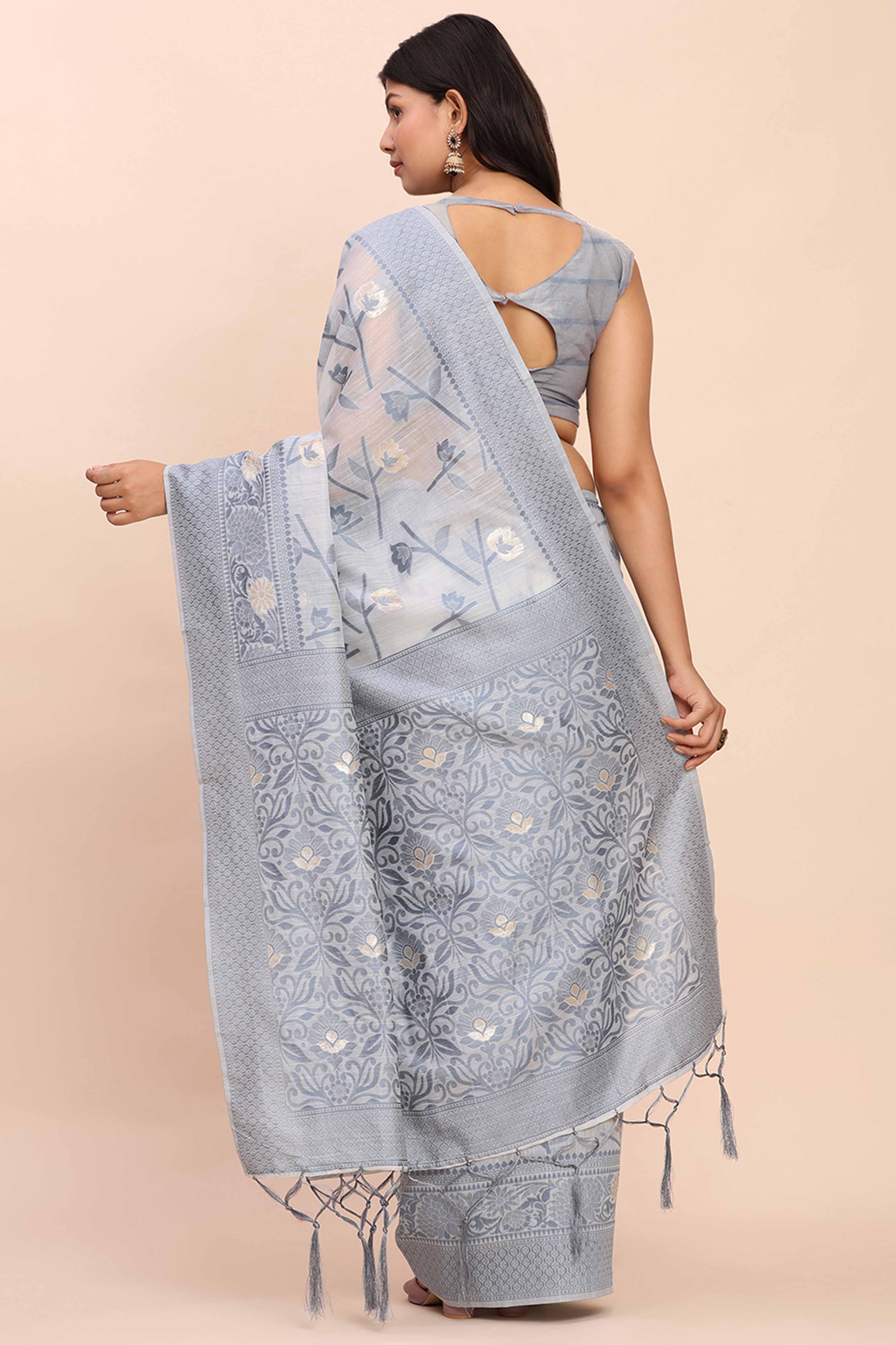 Grey Floral Linen Cotton Saree Accented With Zari Weaving & Tassel Pallu Elegance
