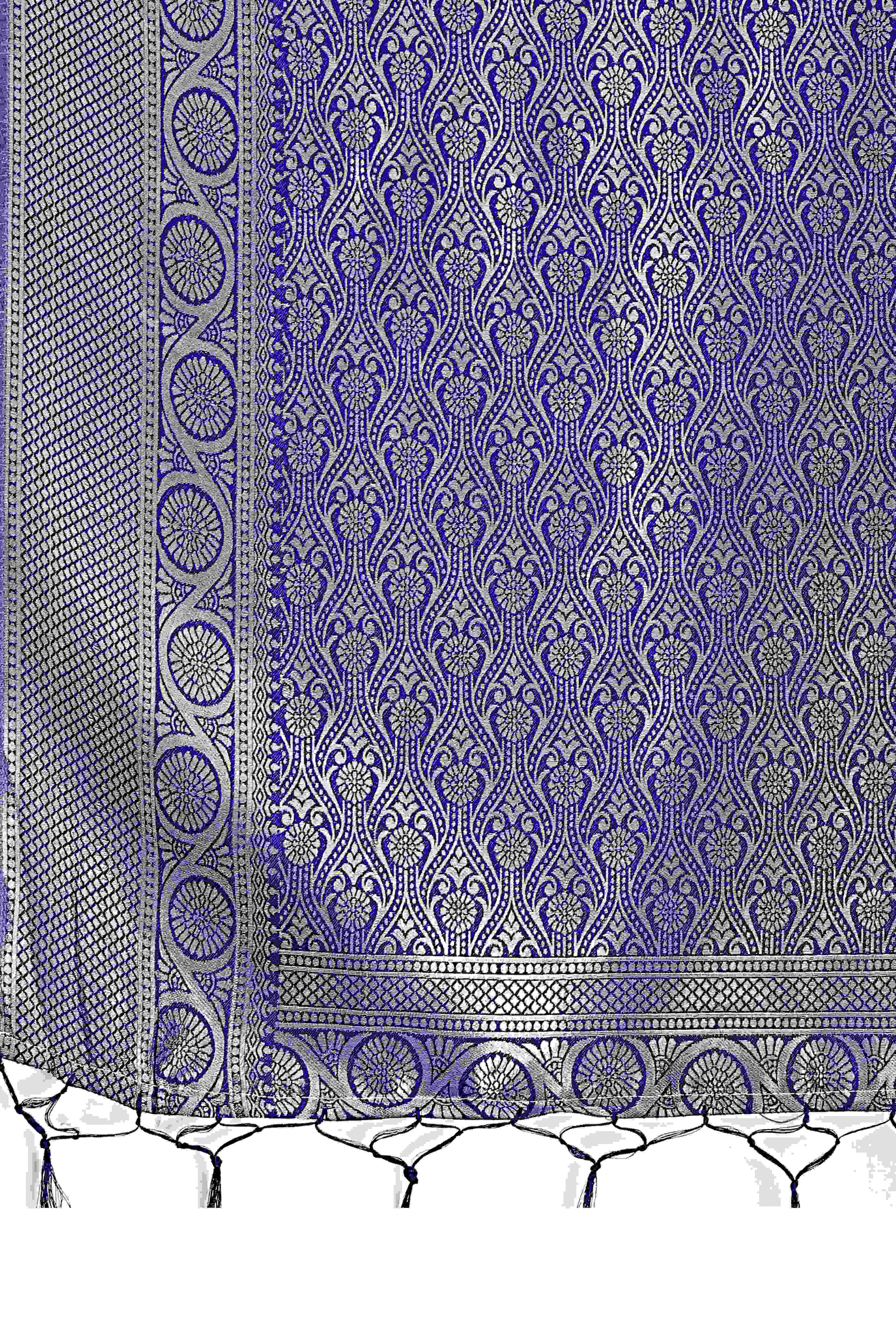 Blue Floral Zari Weaving Lichi Cotton Silk Saree With Tassel Border