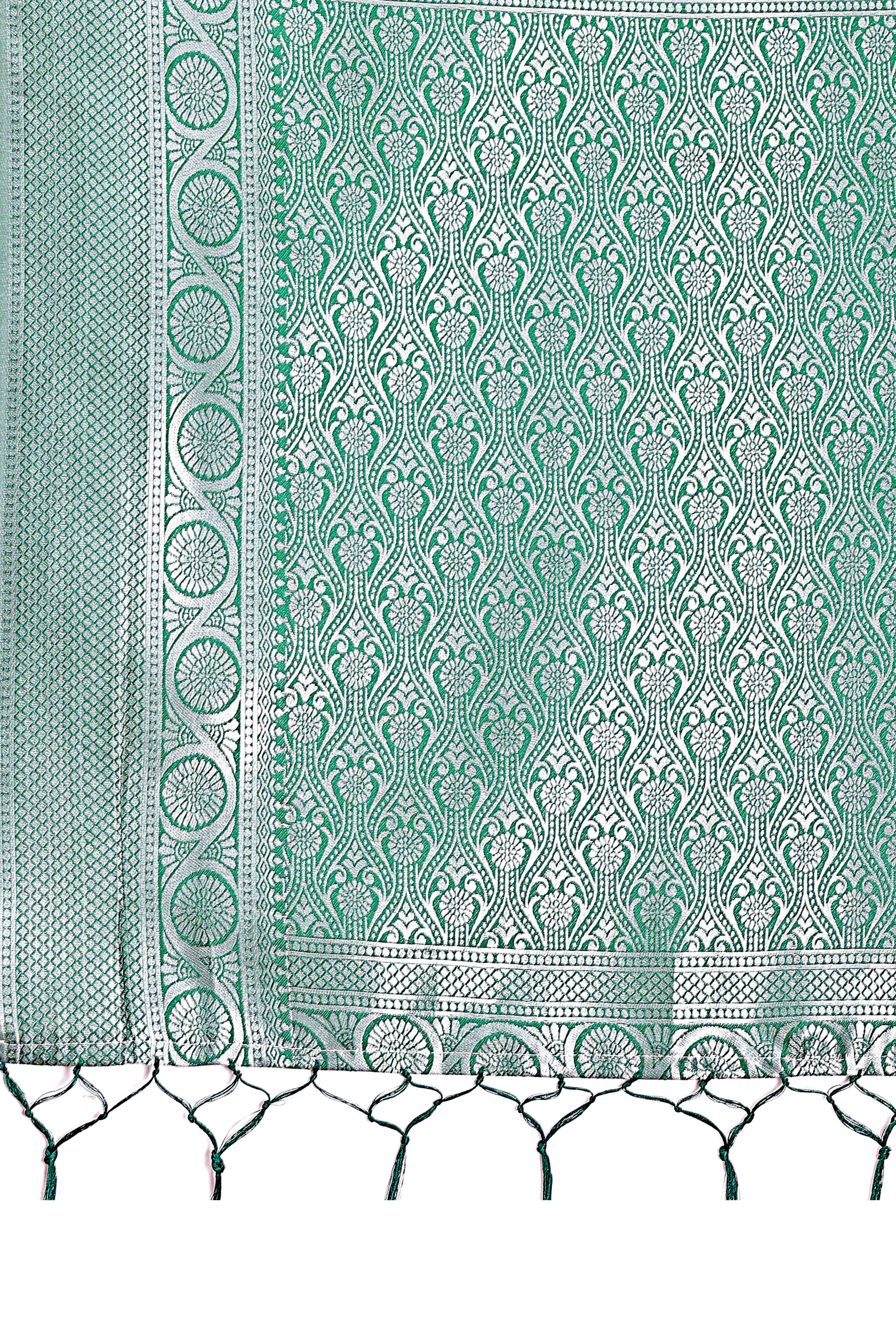 Light Green Floral Zari Weaving Lichi Cotton Silk Saree With Tassel Border