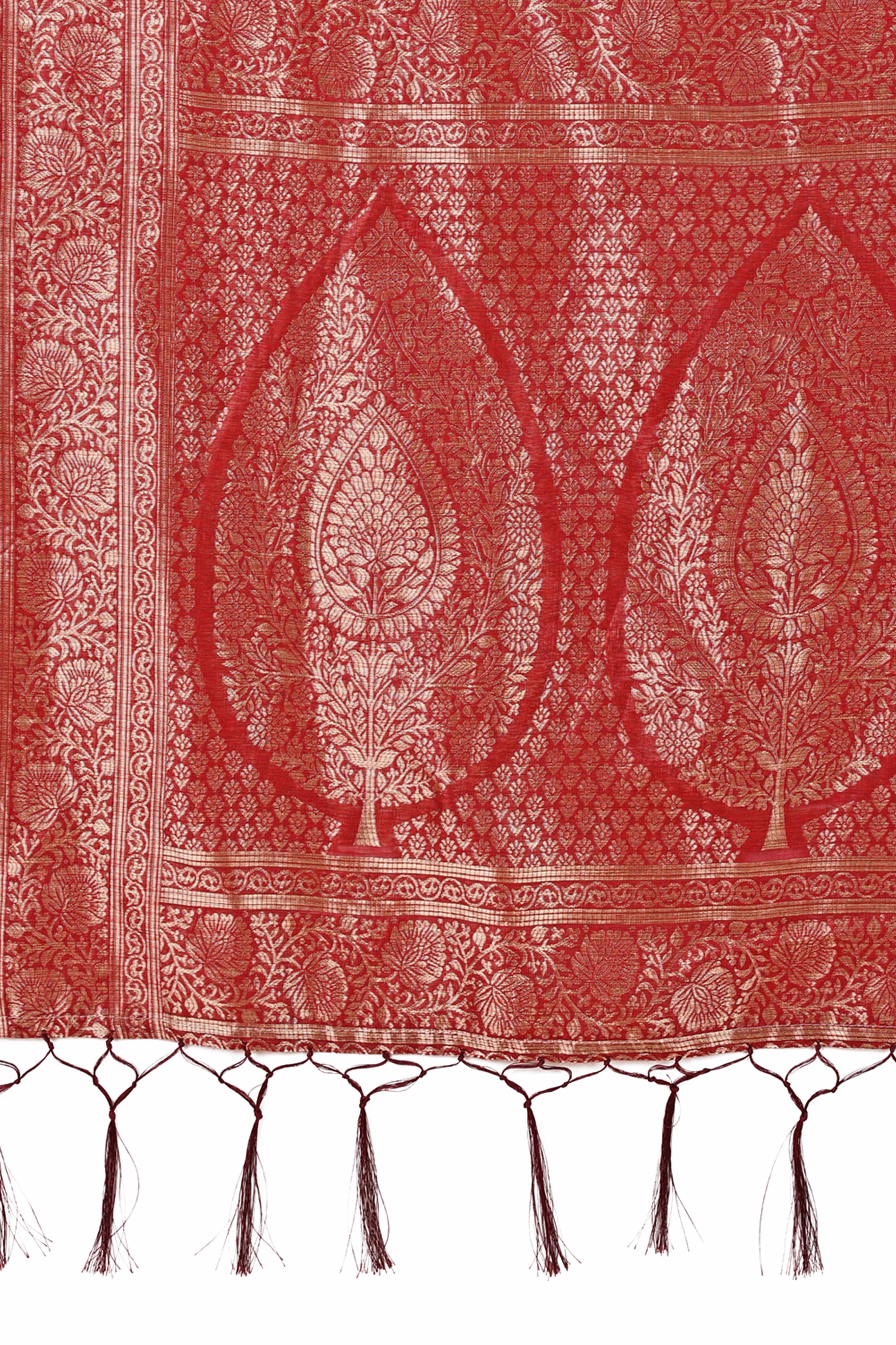 Maroon Cotton Blend Saree With Intricate Floral Zari Weaving & Elegant Tassel Accents