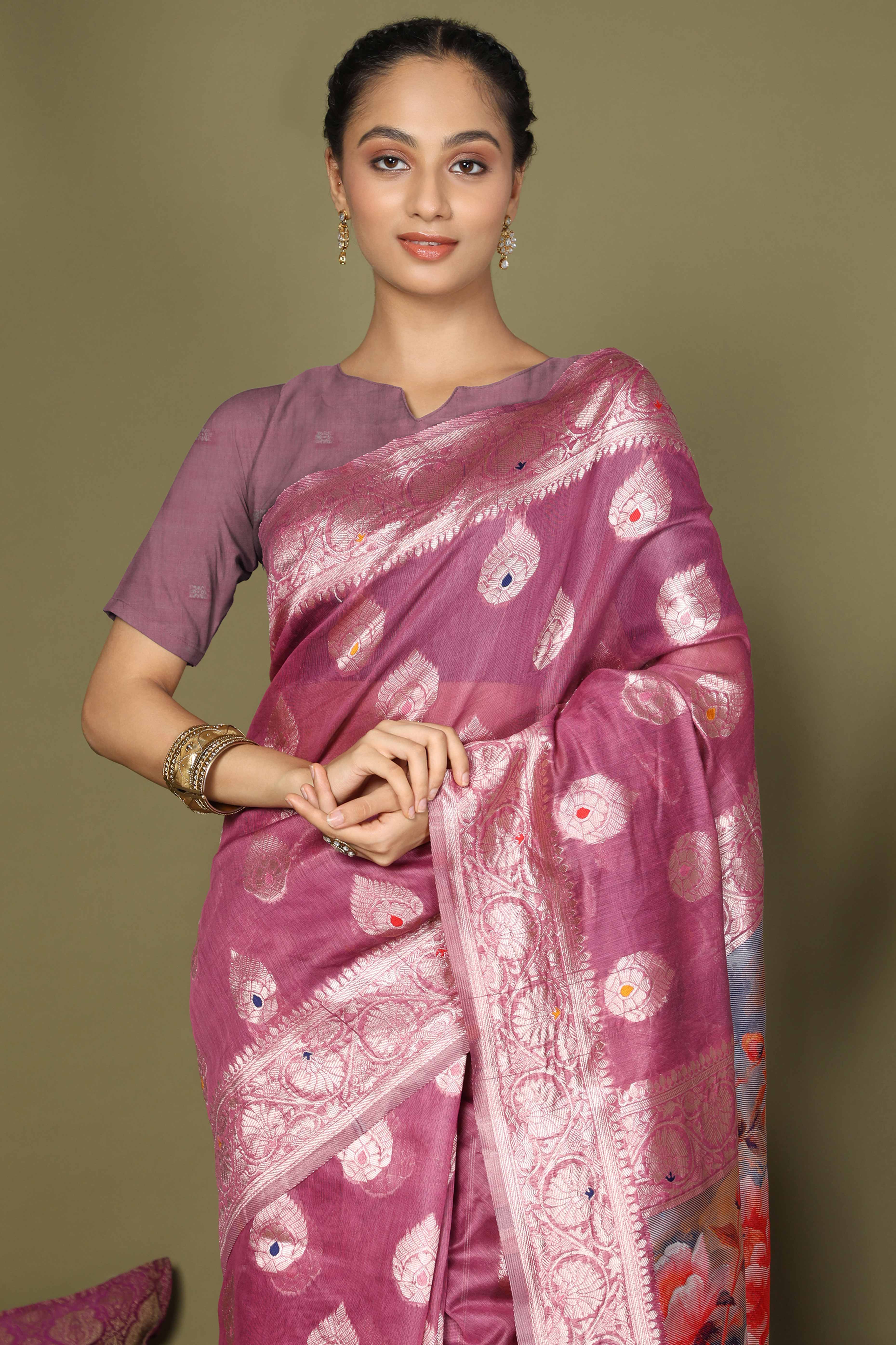 Onion Pink Saree In Linen Cotton Featuring Floral Zari Weaving & Digital Printed Pallu