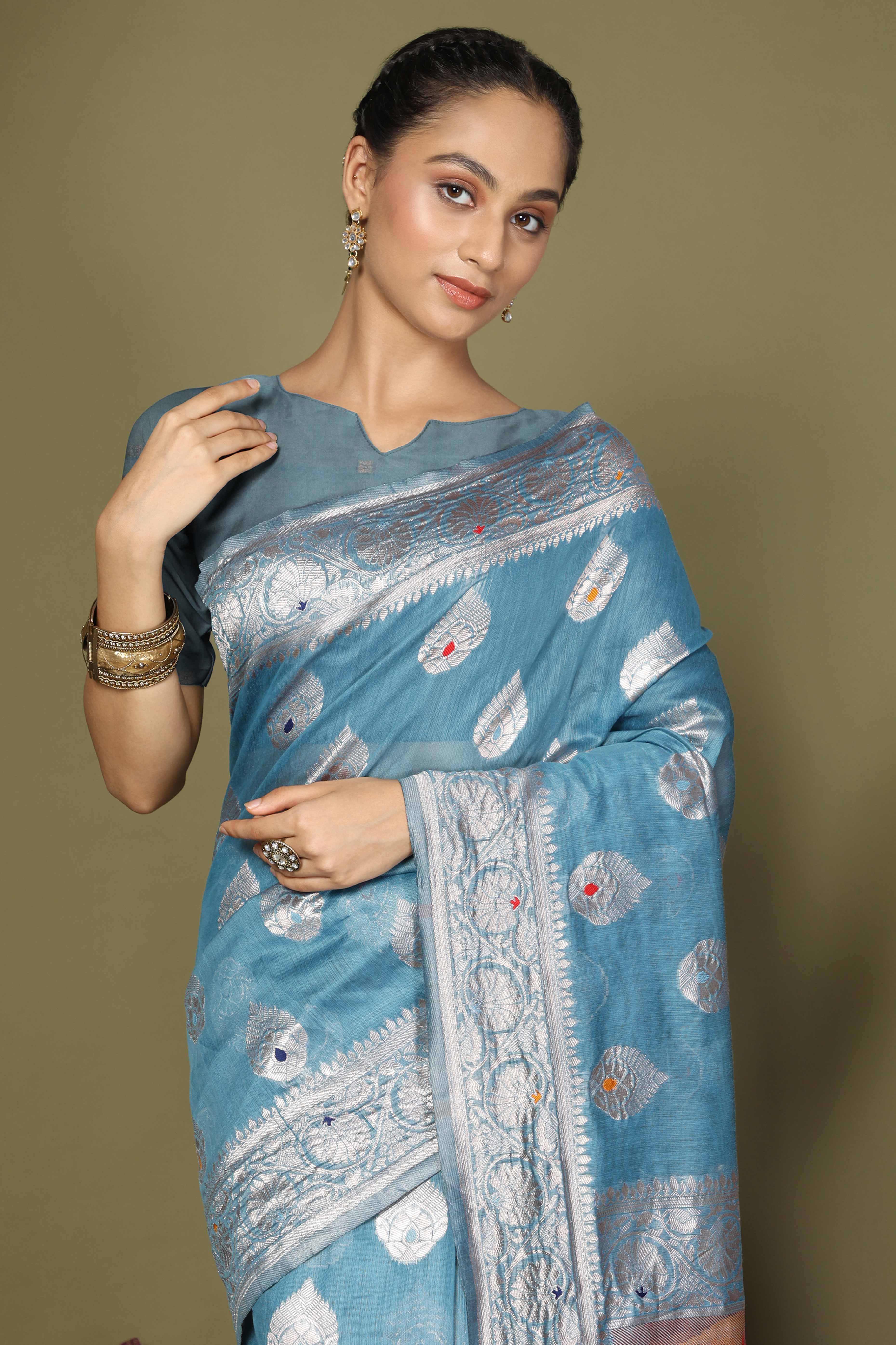 Blue Saree In Linen Cotton Featuring Floral Zari Weaving & Digital Printed Pallu
