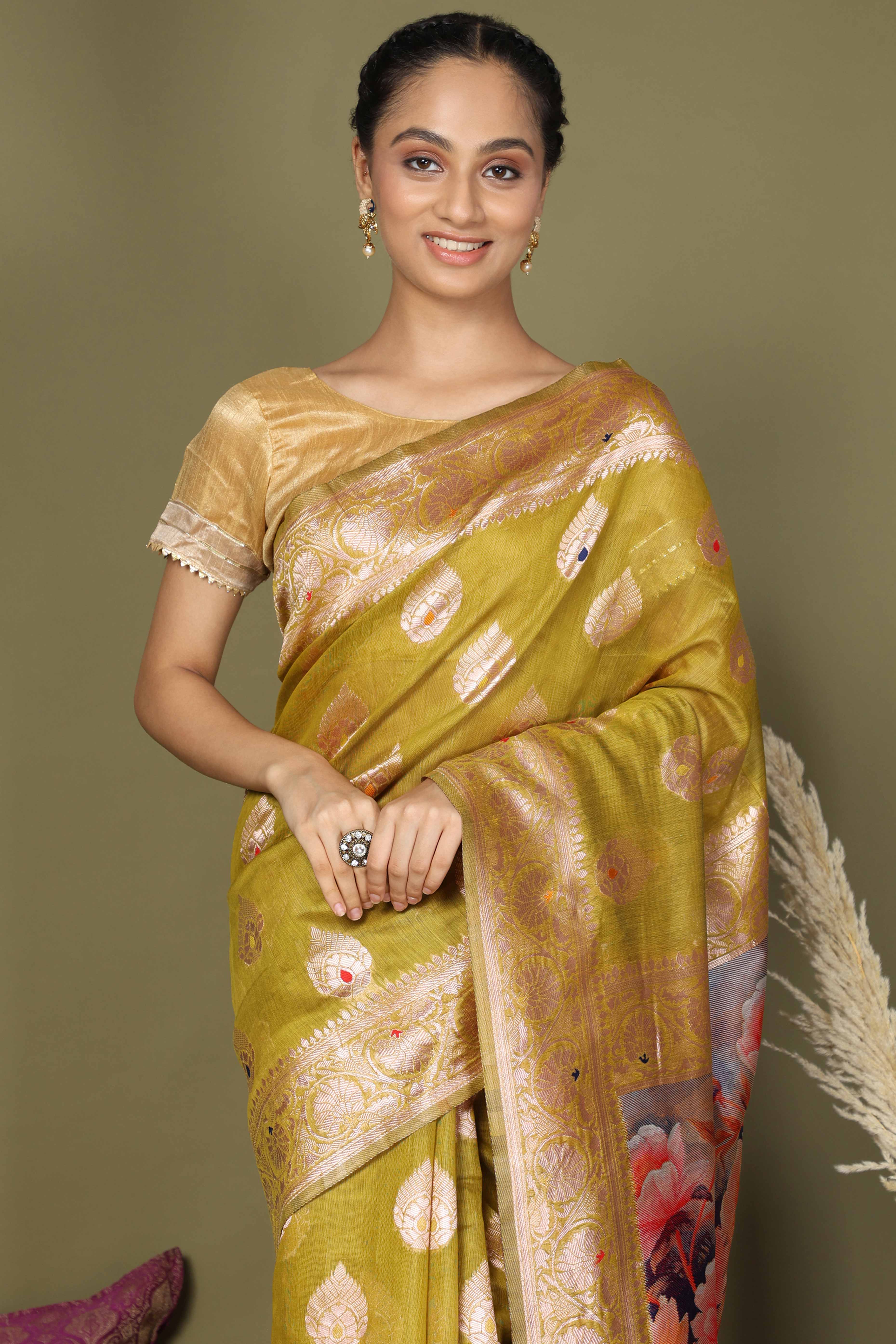 Mehendi Green Saree In Linen Cotton Featuring Floral Zari Weaving & Digital Printed Pallu