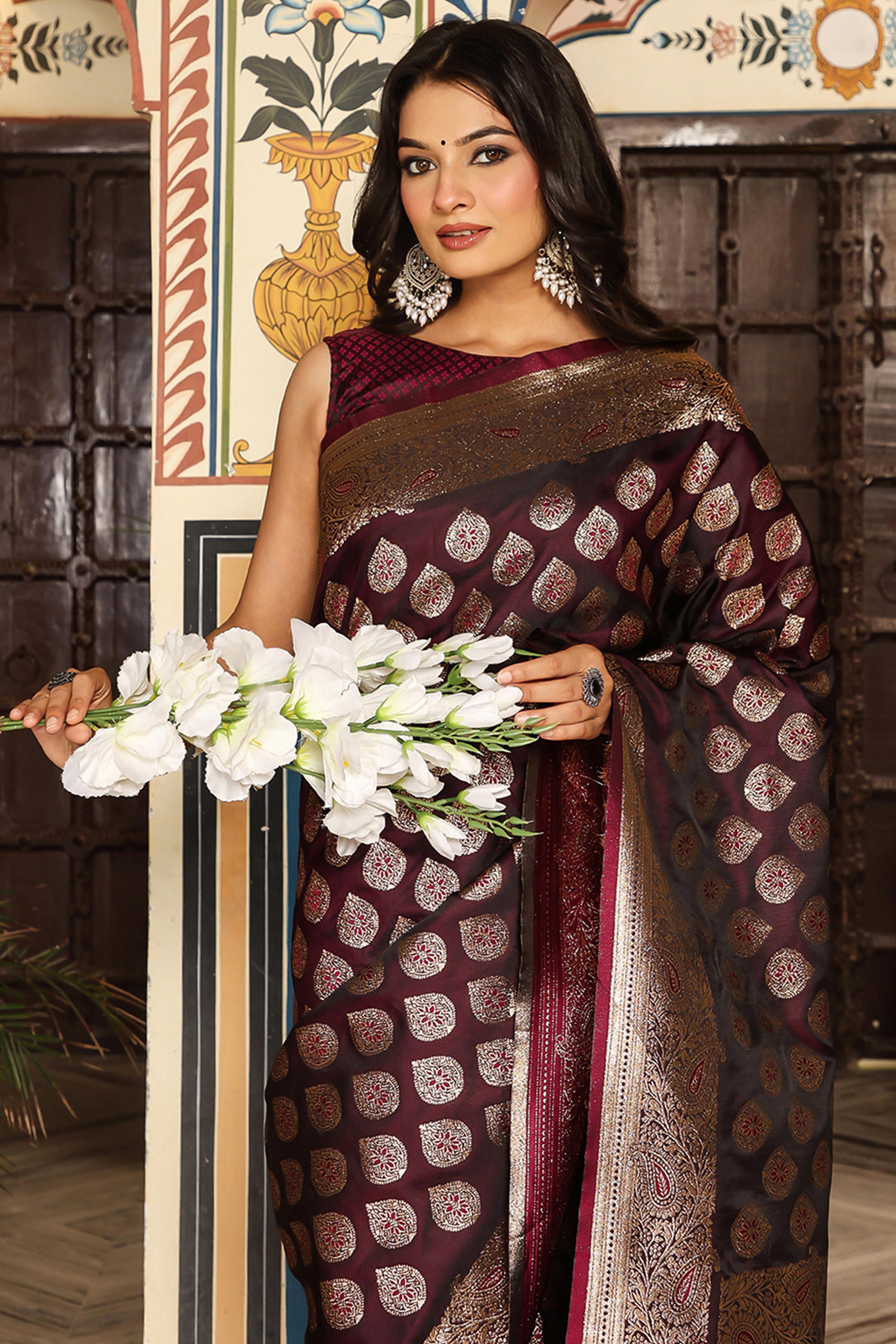 Festive Maroon Saree in Silk Blend with Exquisite Zari Weaving Work