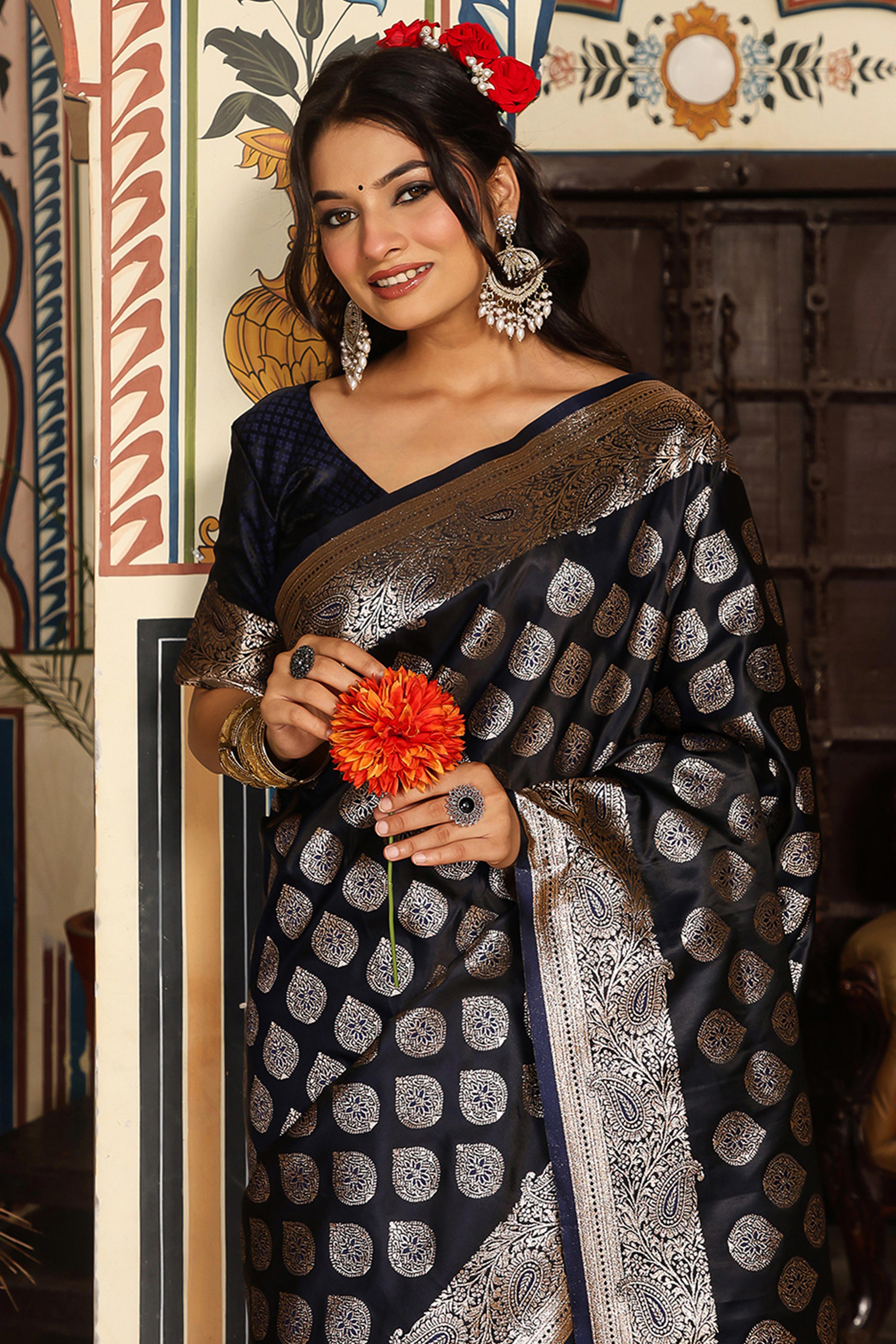 Festive Navy Blue Saree in Silk Blend with Exquisite Zari Weaving Work