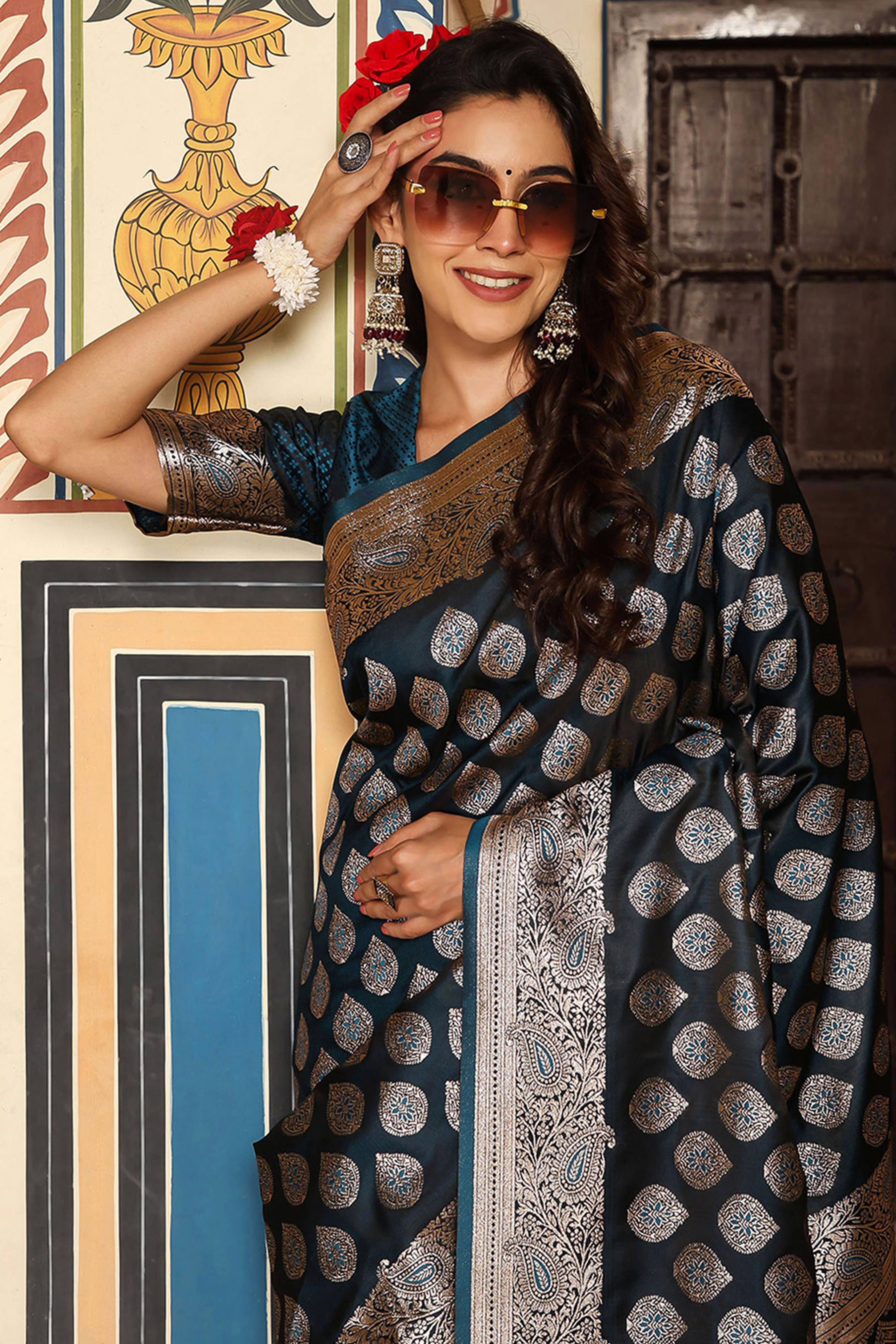 Festive Teal Saree in Silk Blend with Exquisite Zari Weaving Work