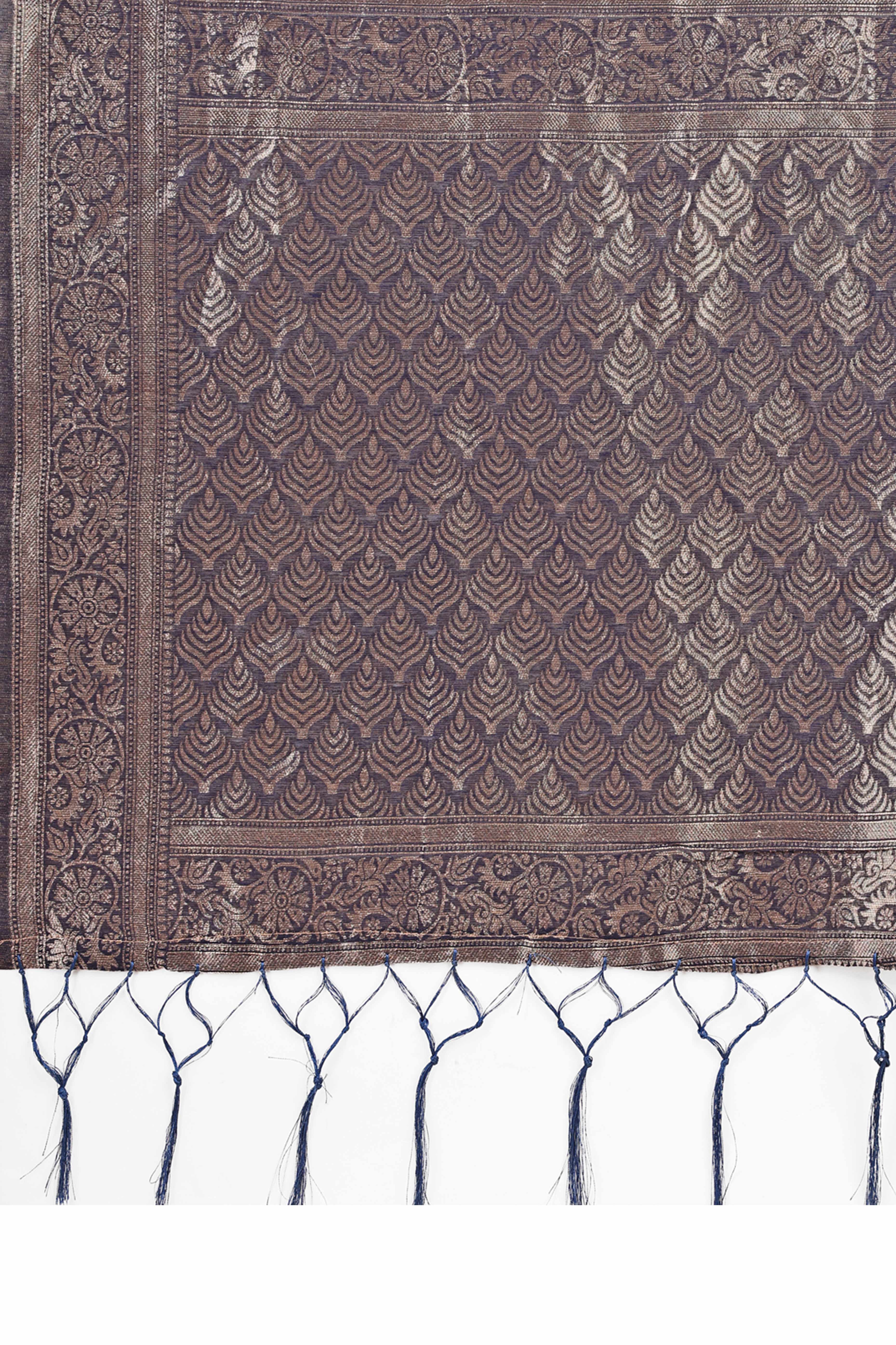 Navy Blue Floral Zari Woven Cotton Blend Saree With Soft Tassel Edging