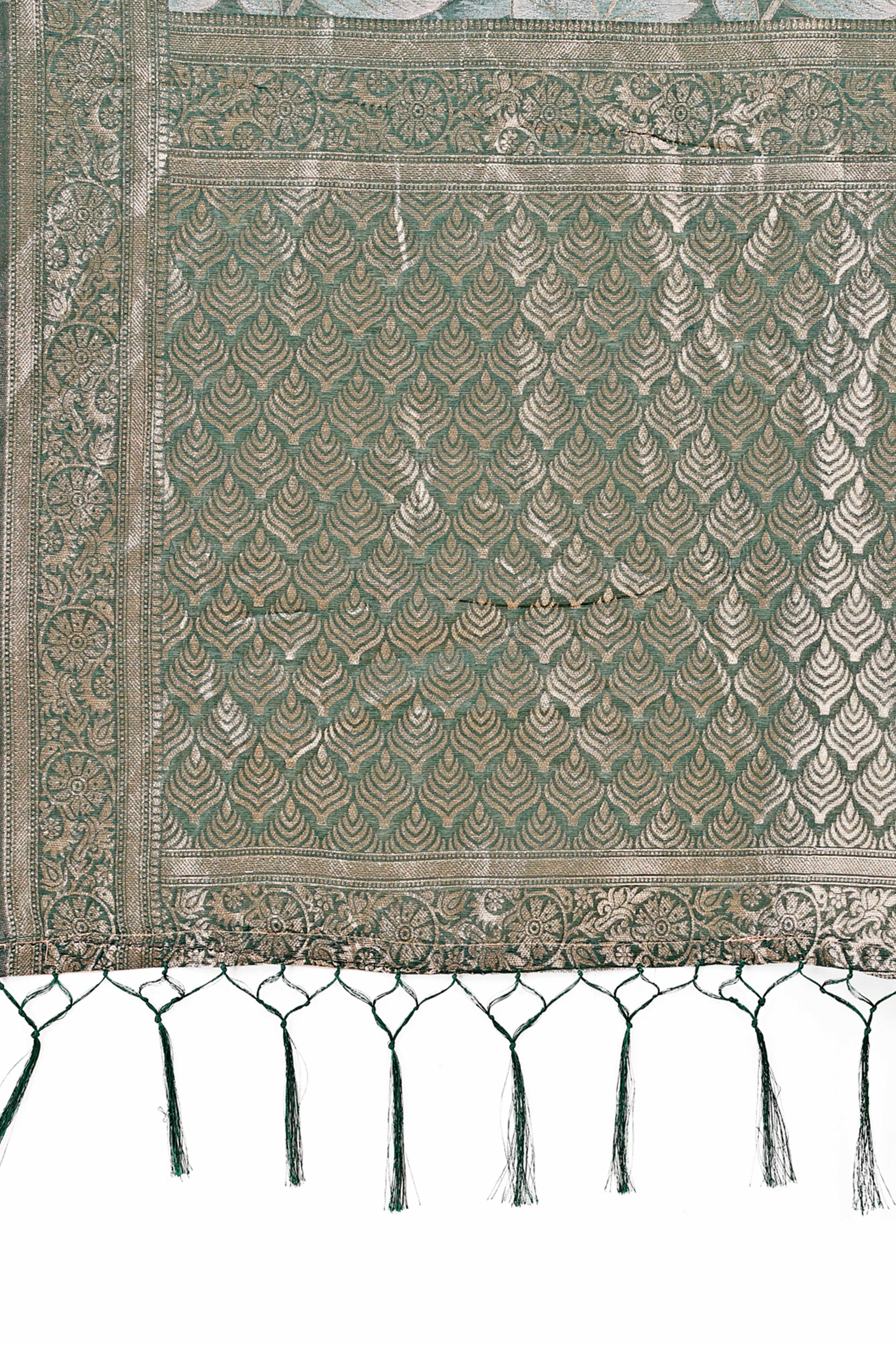 Green Floral Zari Woven Cotton Blend Saree With Soft Tassel Edging