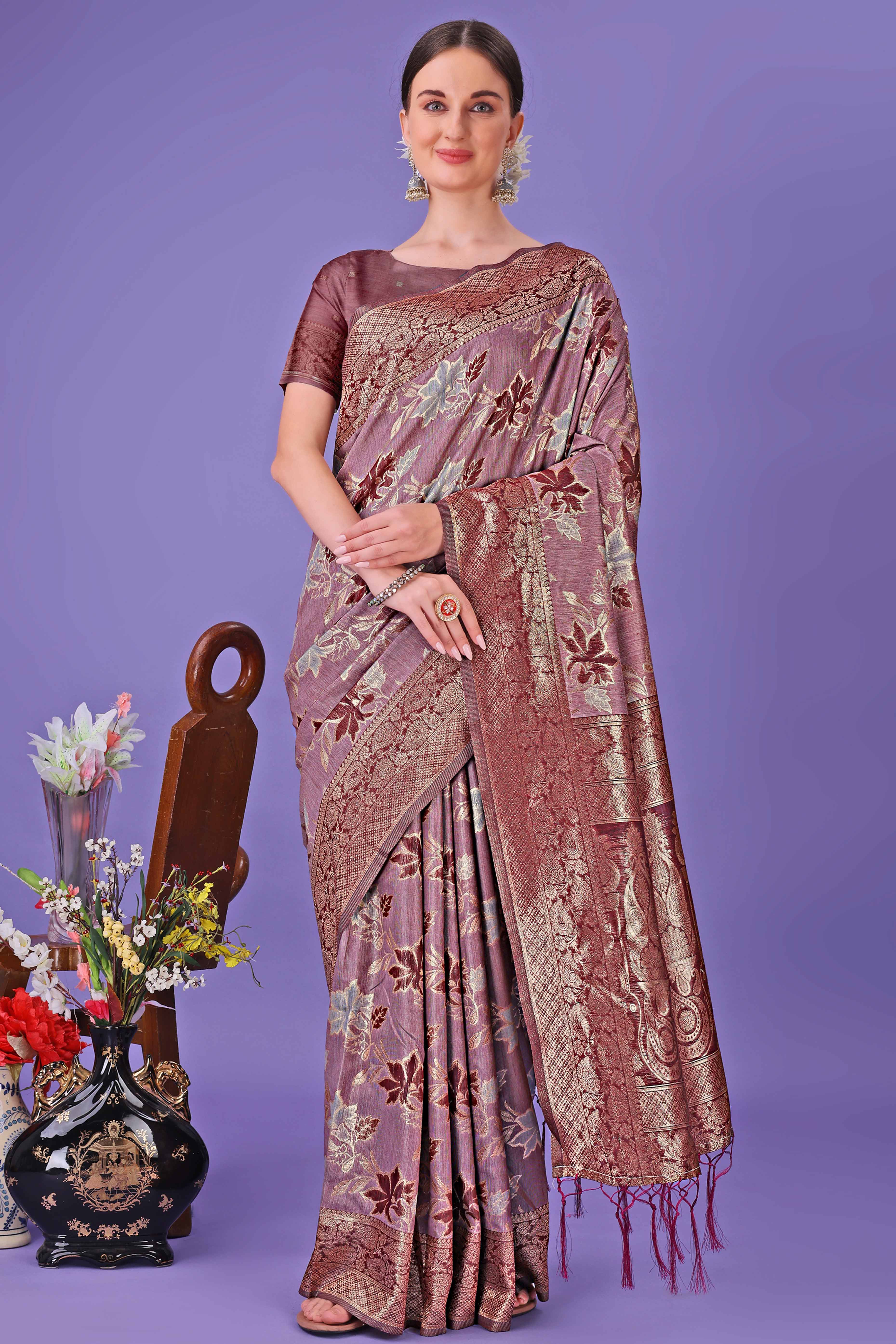 Maroon Floral Zari Woven Saree in a Lustrous Cotton Silk Blend