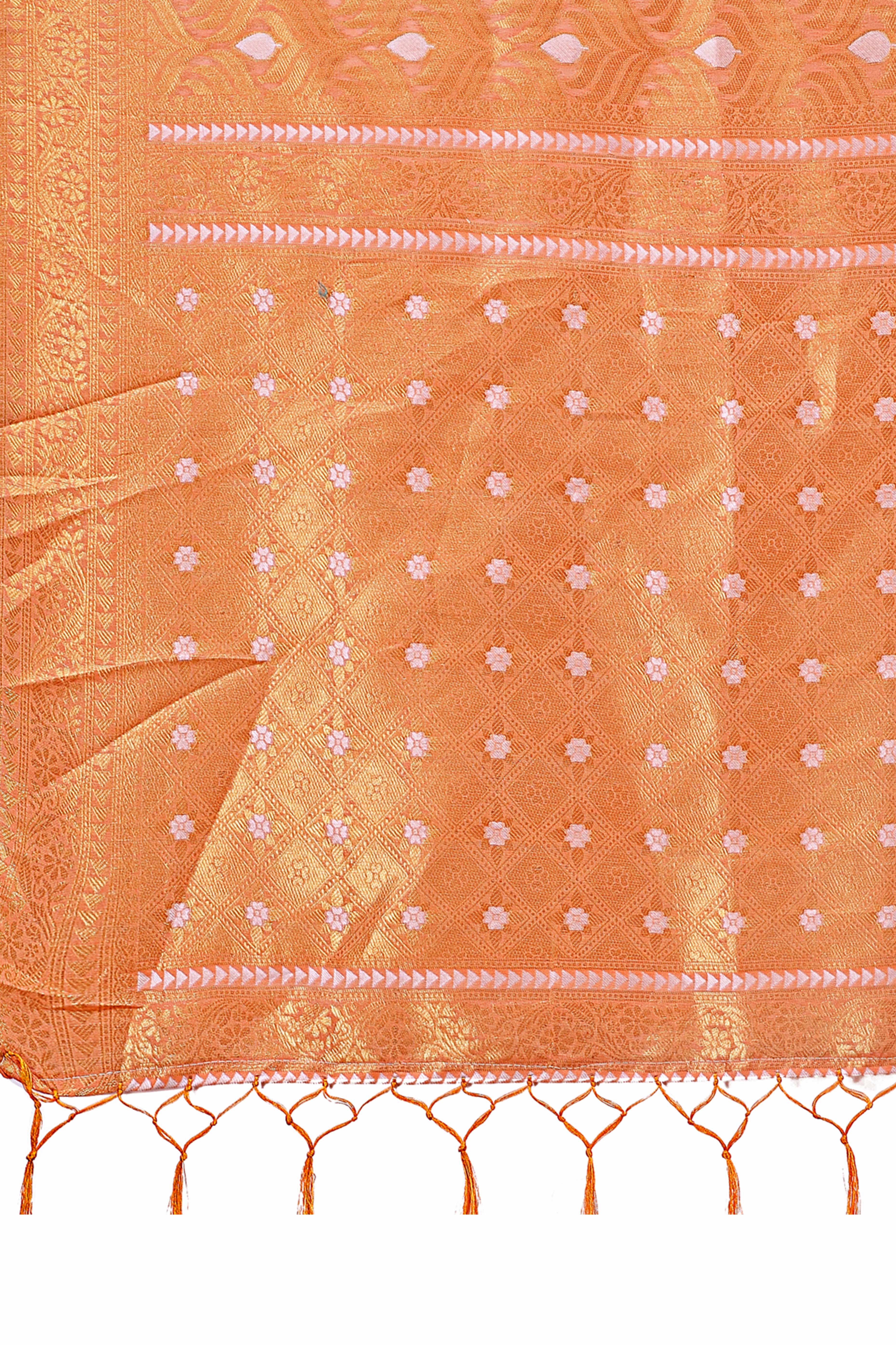 Peach Zari Work Cotton Silk Saree Finished with Luxe Tassels
