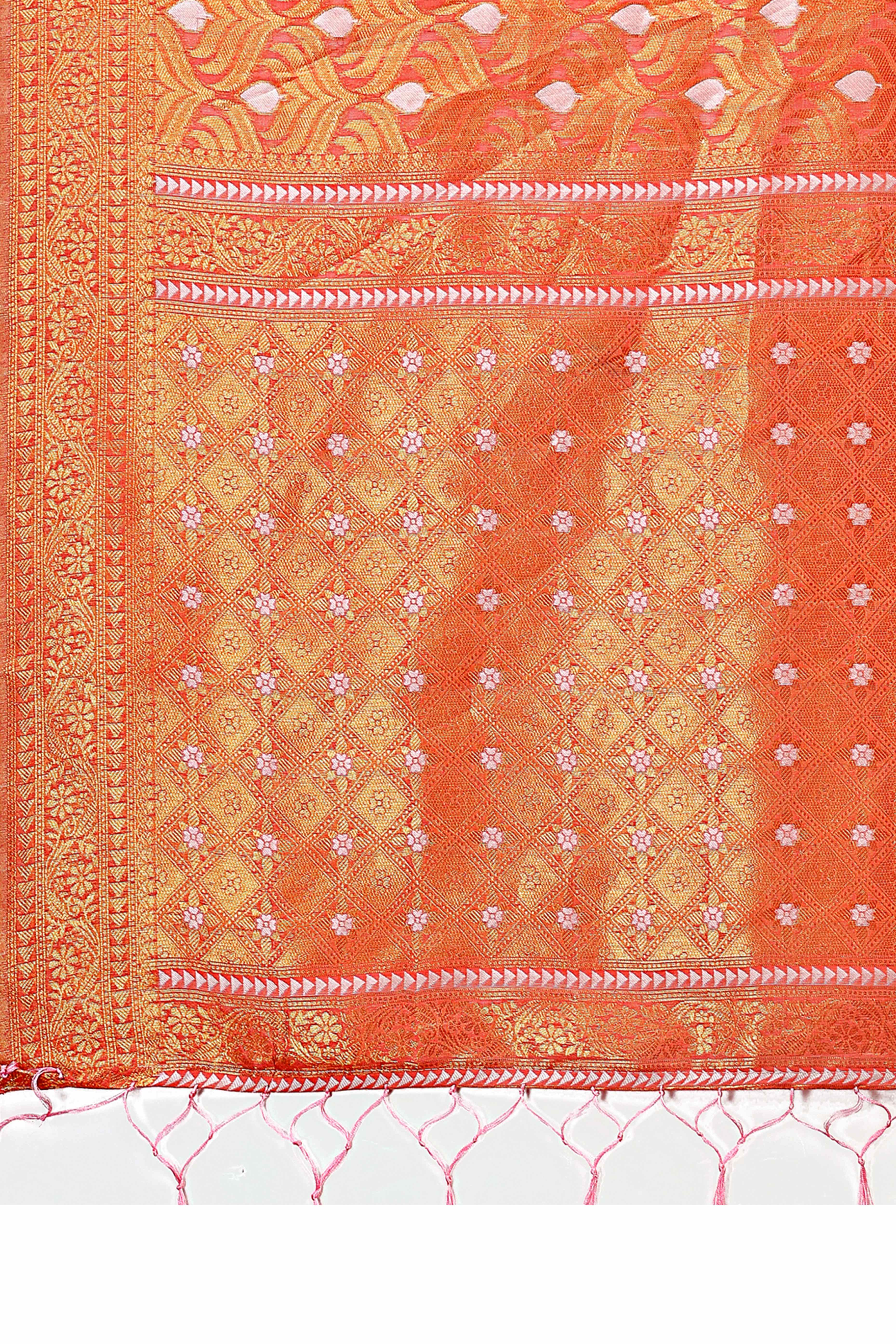 Orange Zari Work Cotton Silk Saree Finished with Luxe Tassels