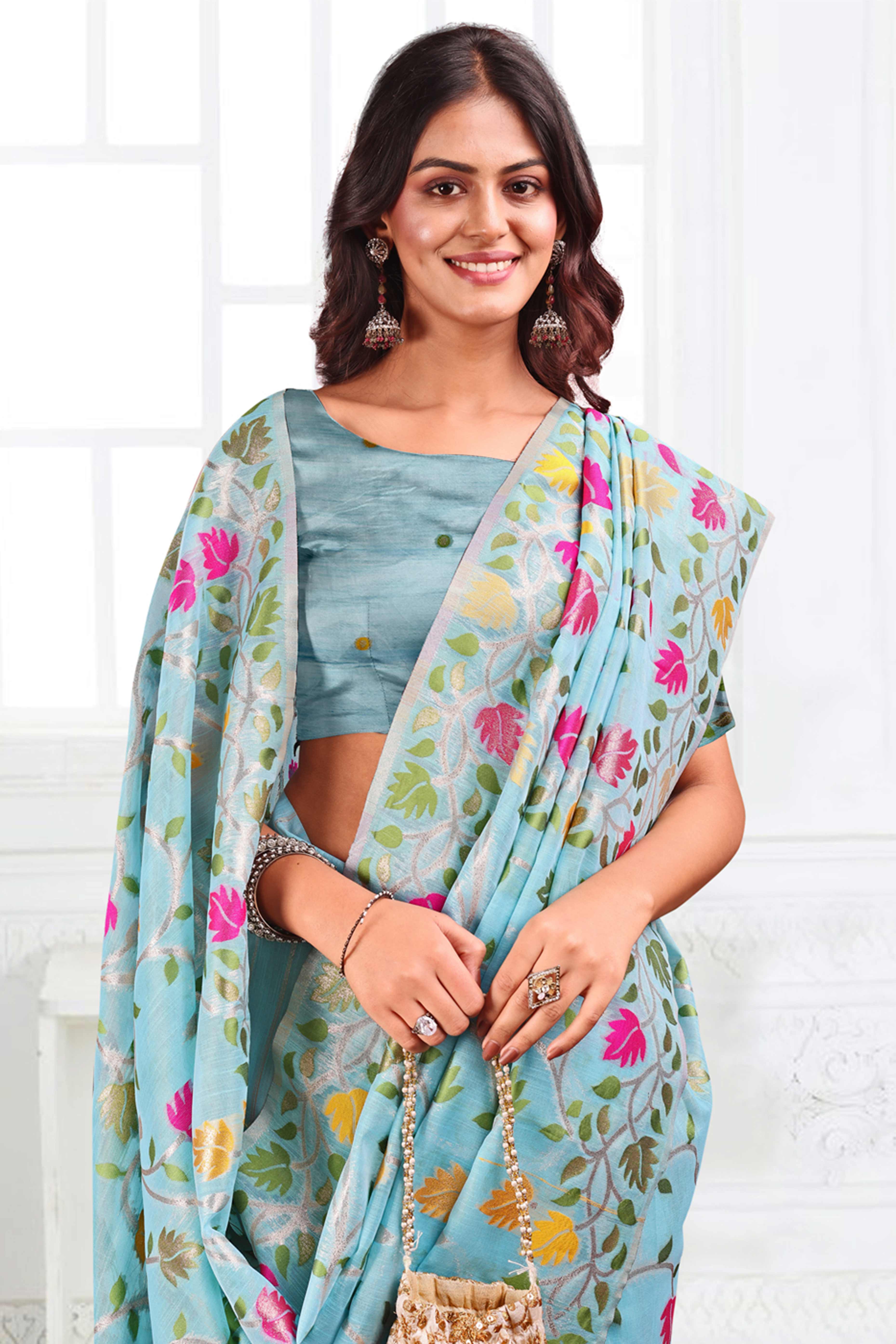 Sky Blue Linen Cotton Silk  Saree Enhanced With Floral Zari Weaving & Tasselled Pallu Finish