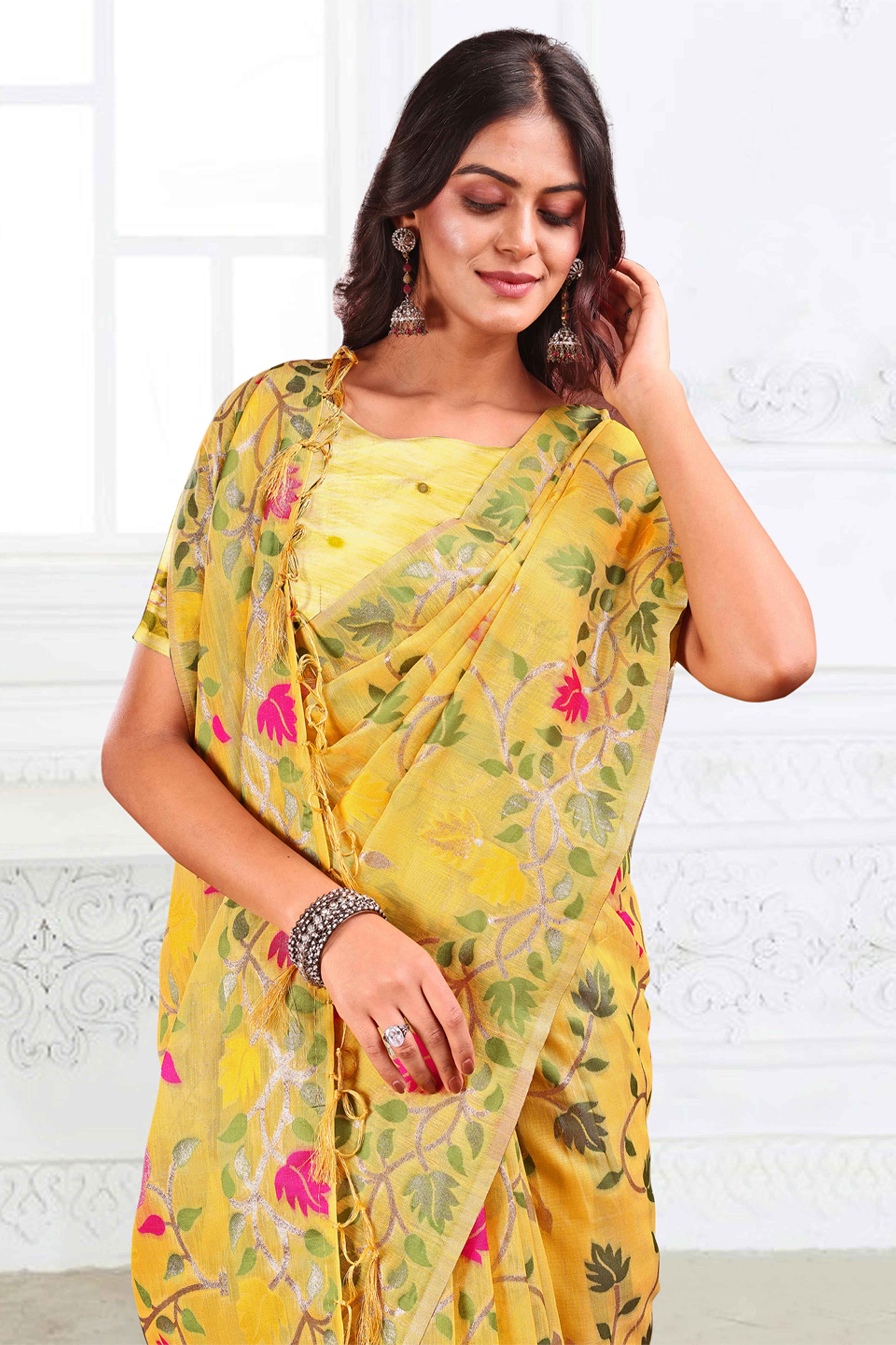 Yellow Linen Cotton Silk  Saree Enhanced With Floral Zari Weaving & Tasselled Pallu Finish