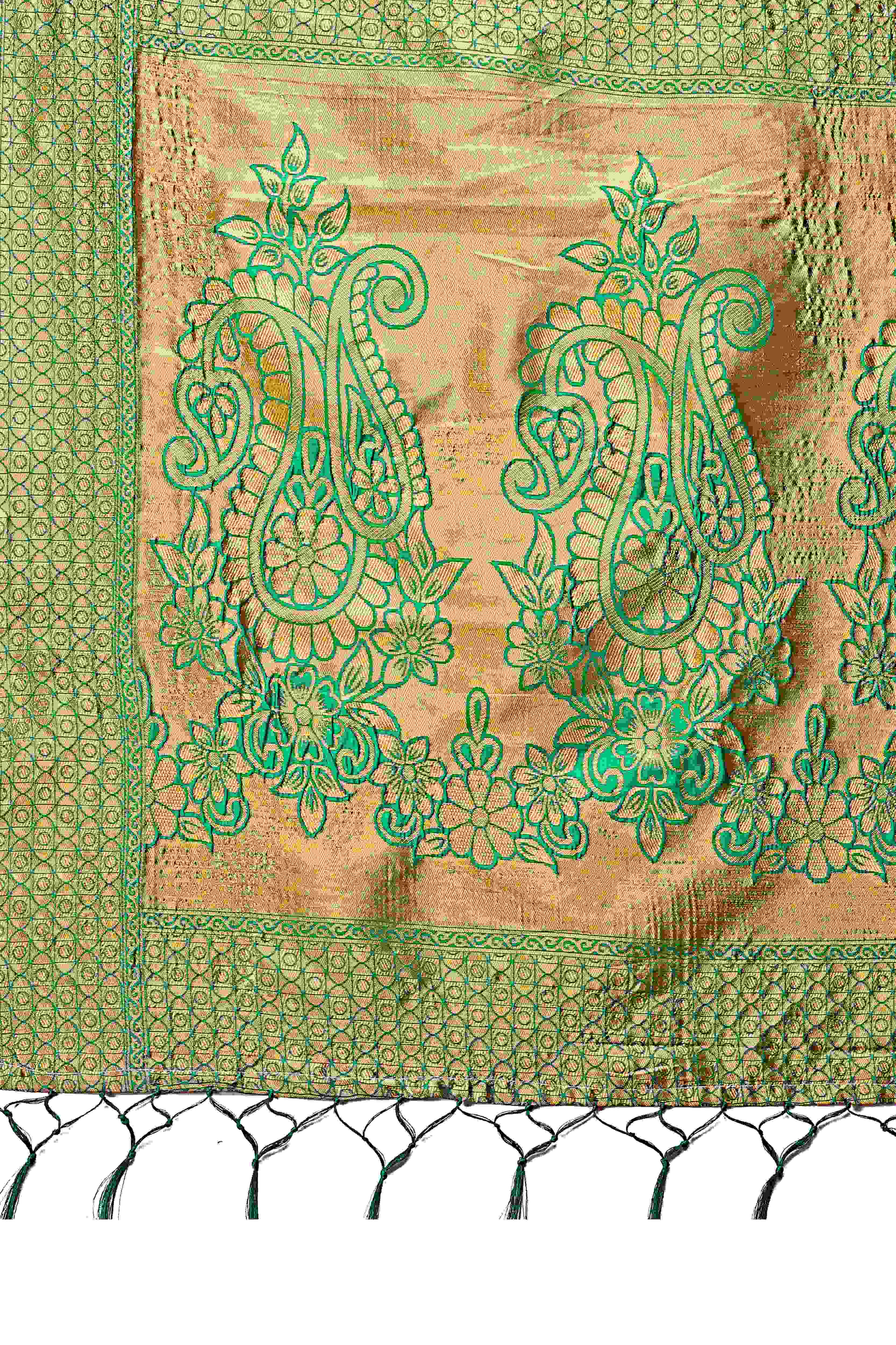 Green Lichi Banarasi Silk Saree With Floral Zari Work & Tassel Border