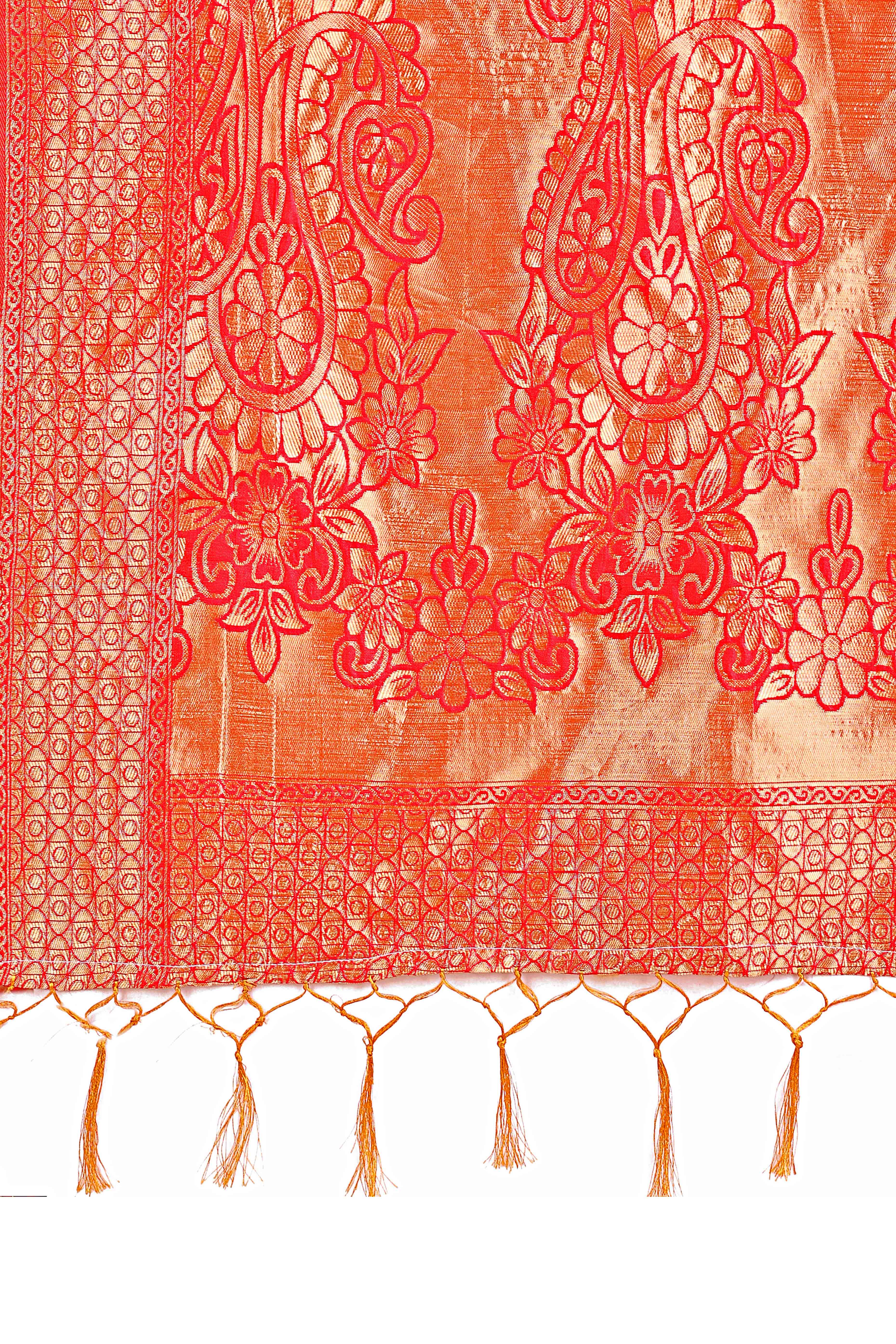 Red Lichi Banarasi Silk Saree With Floral Zari Work & Tassel Border