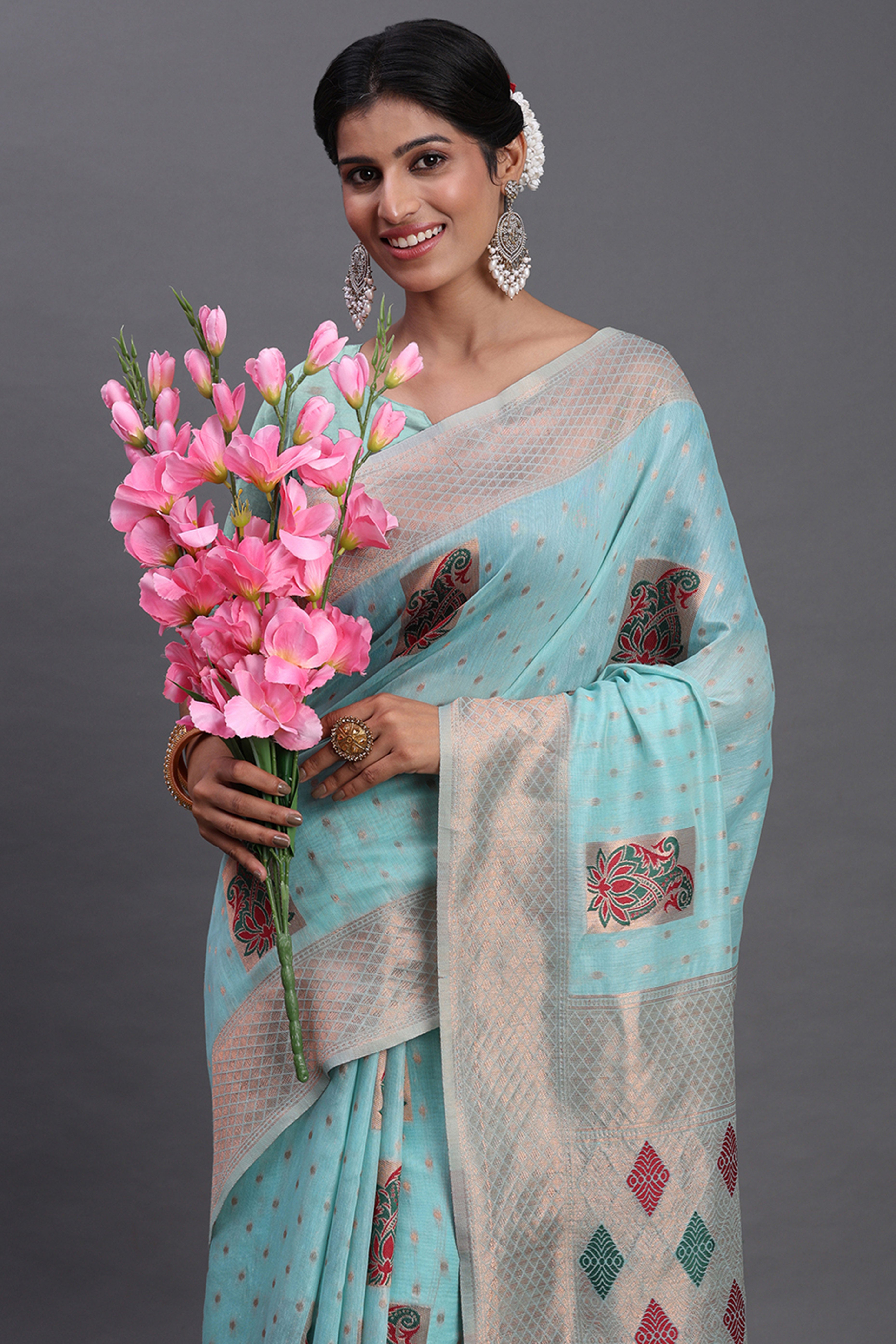 Stylish Sky Blue Floral Zari Weaving Linen Cotton Saree With Graceful Tassel Pallu