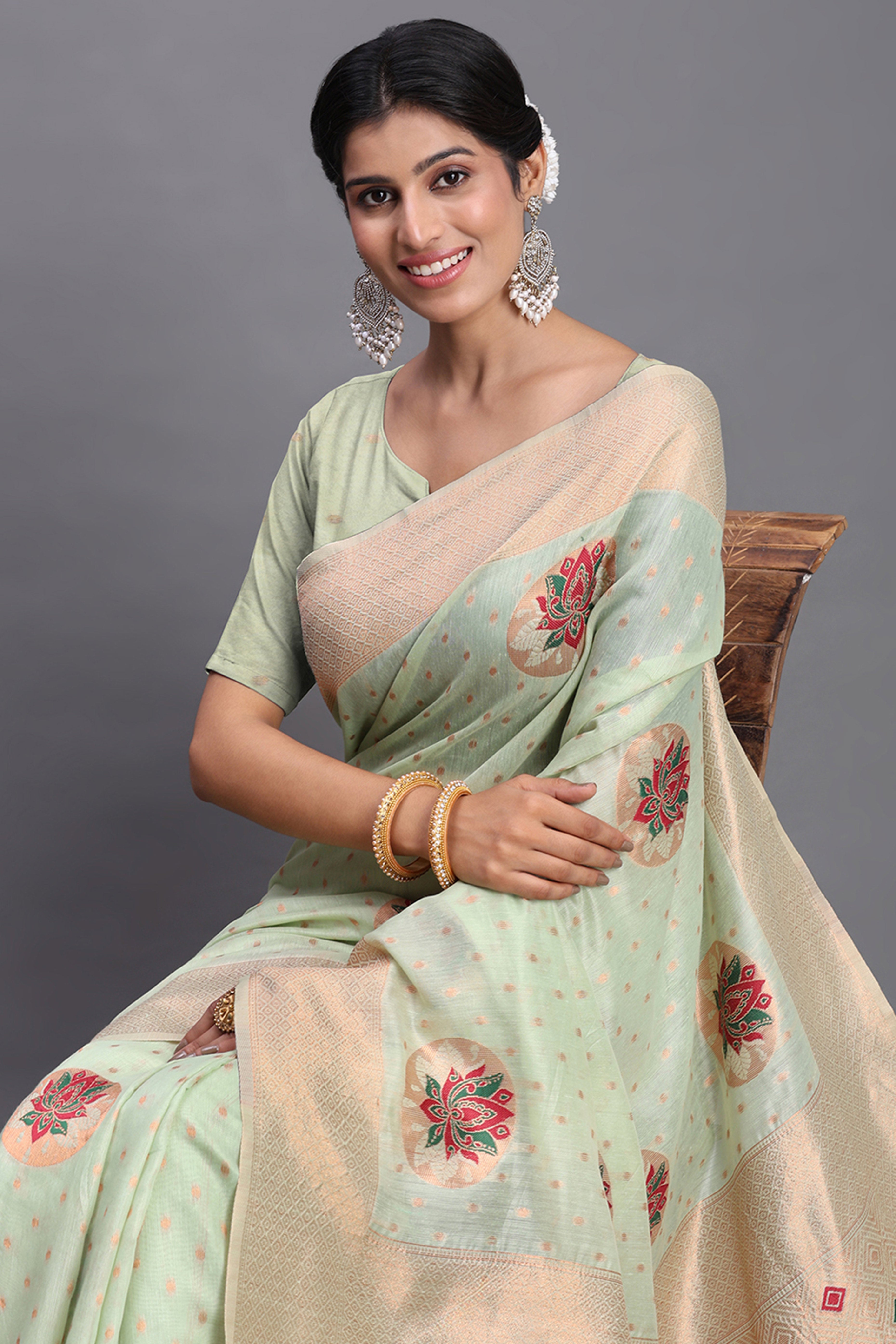 Stylish Light Green Floral Zari Weaving Linen Cotton Saree With Graceful Tassel Pallu