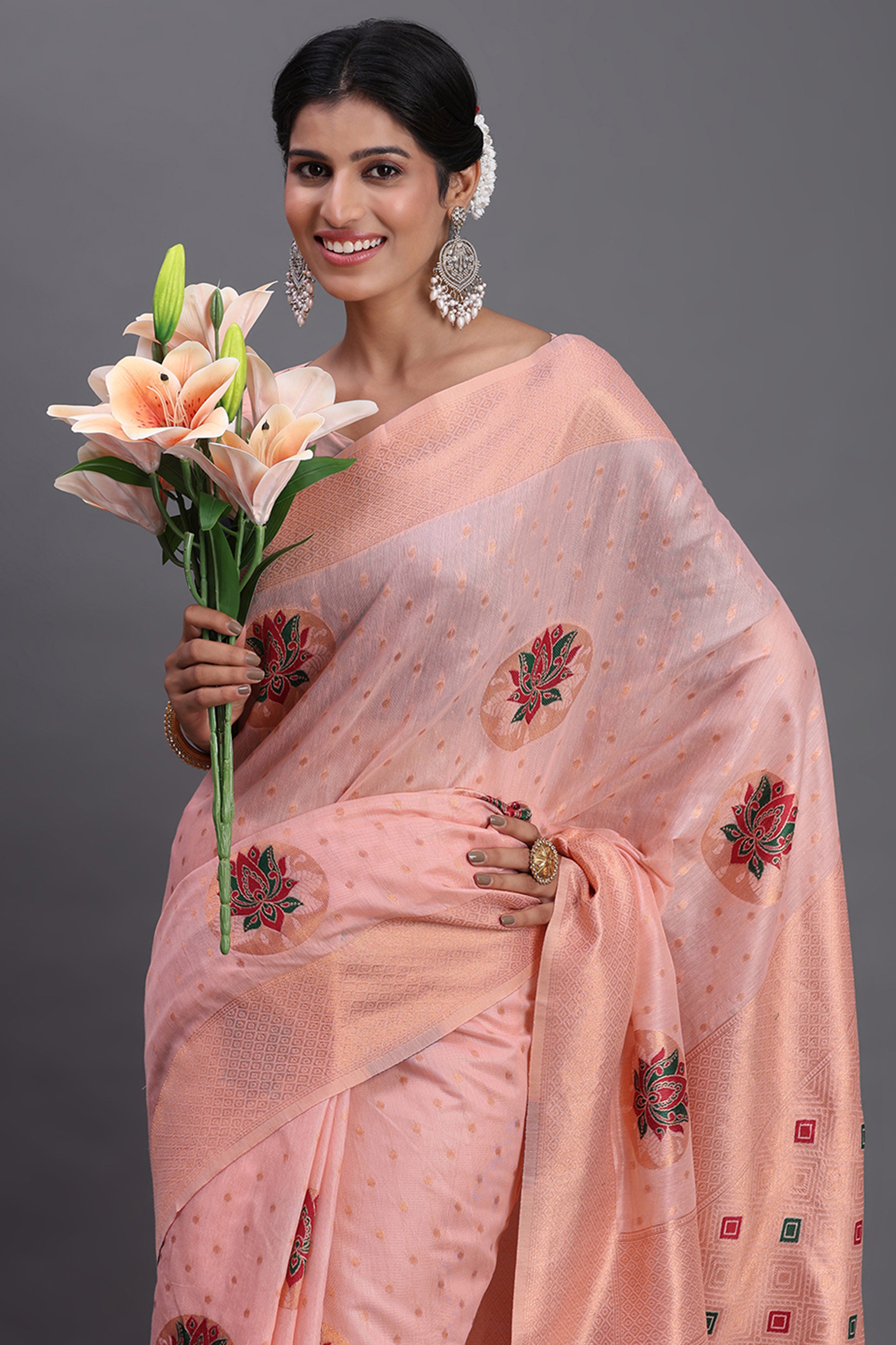 Stylish Light Pink Floral Zari Weaving Linen Cotton Saree With Graceful Tassel Pallu
