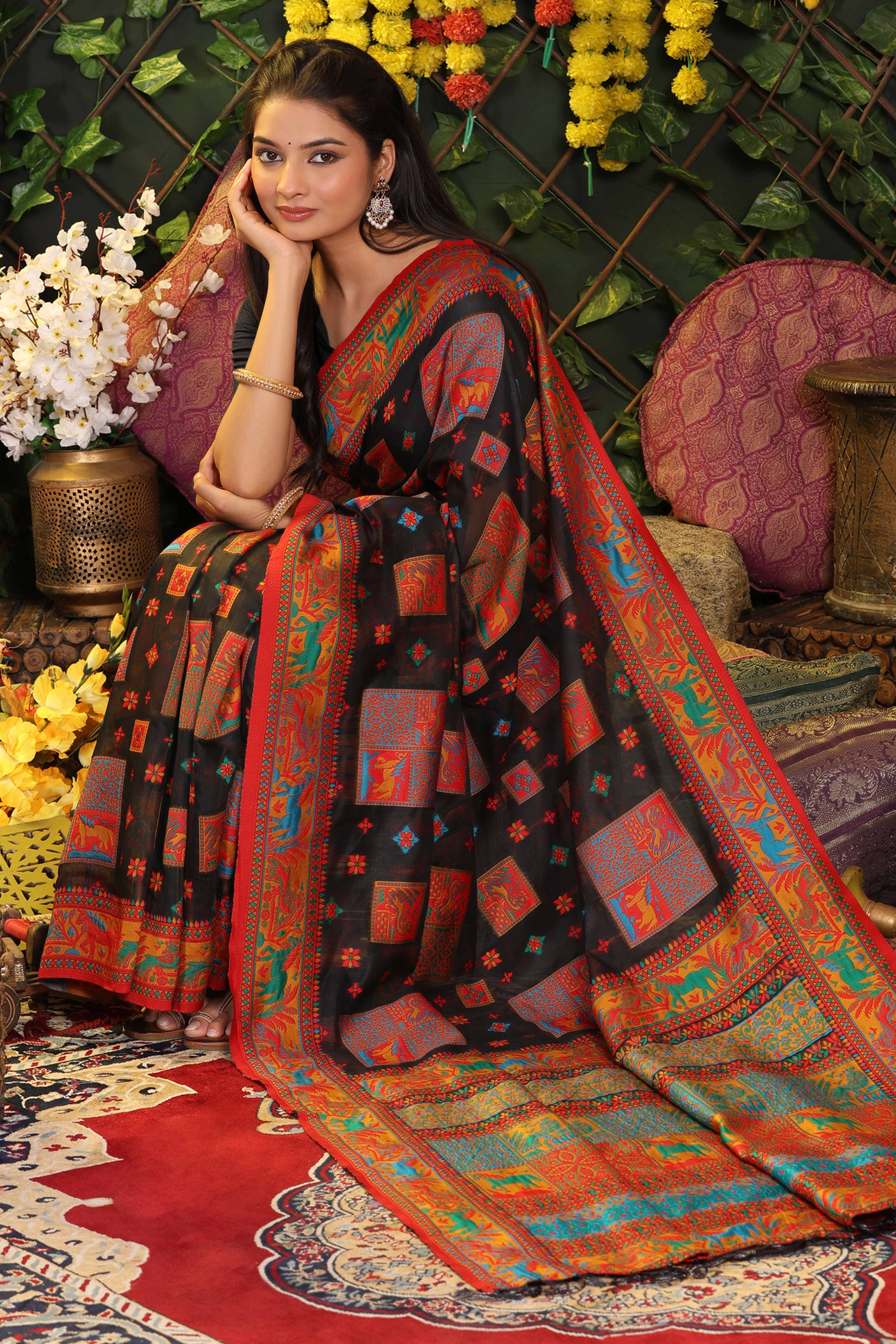 Black Linen Cotton Saree Adorned With Floral Zari Weaving & Tassel Pallu