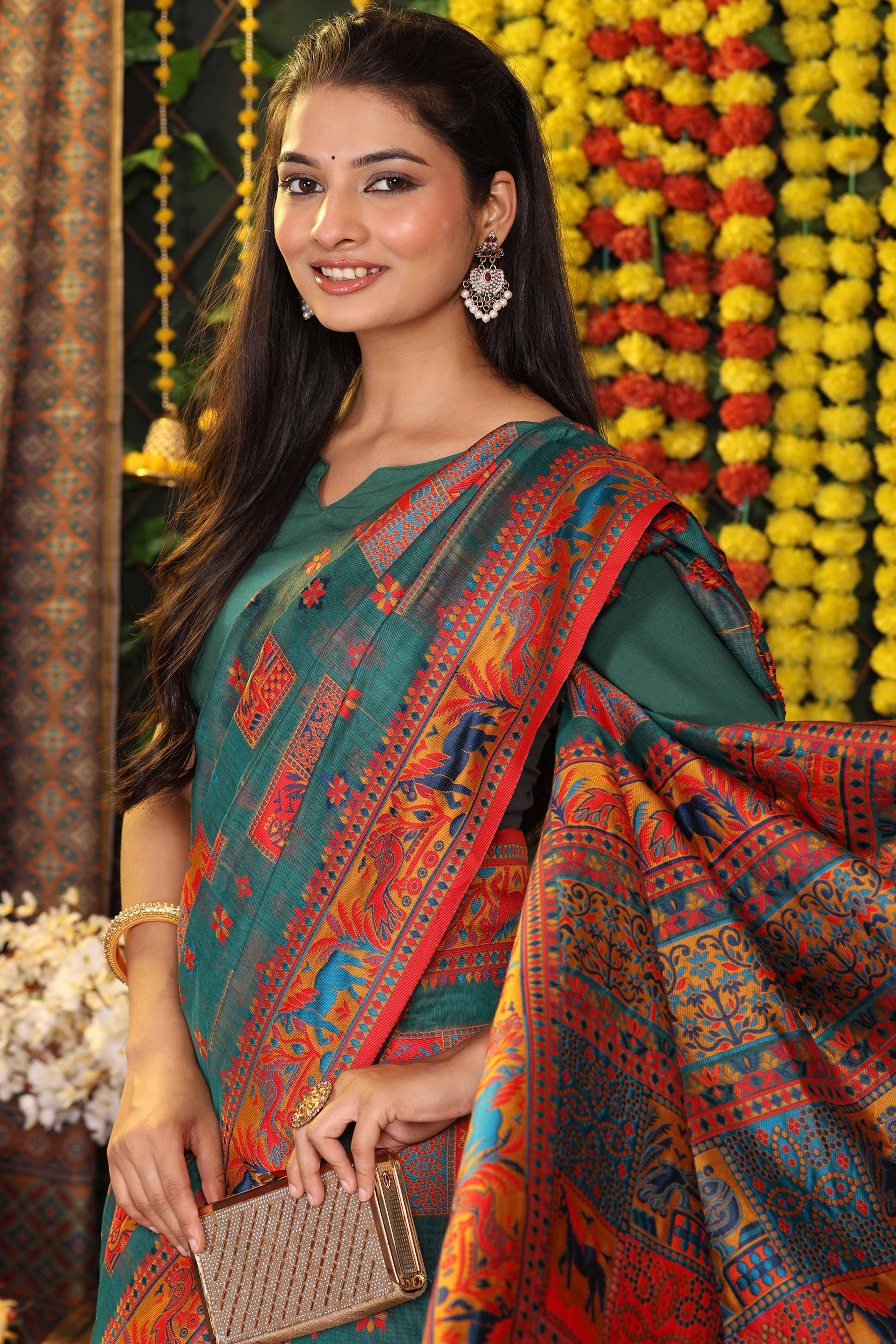 Teal Green Linen Cotton Saree Adorned With Floral Zari Weaving & Tassel Pallu