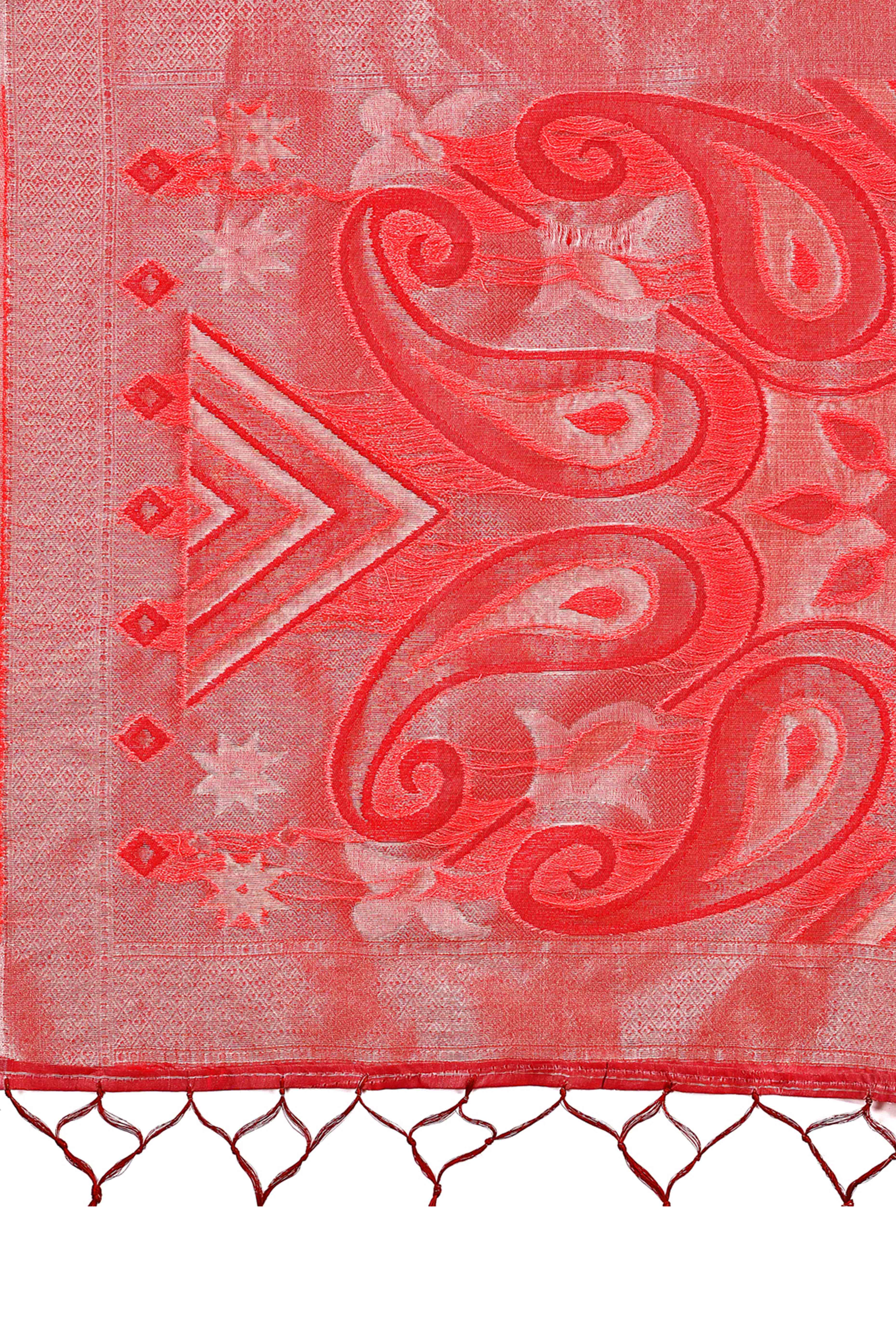 Dazzling Zari Woven Coral Pink Linen Cotton Saree With Graceful Tassel Pallu