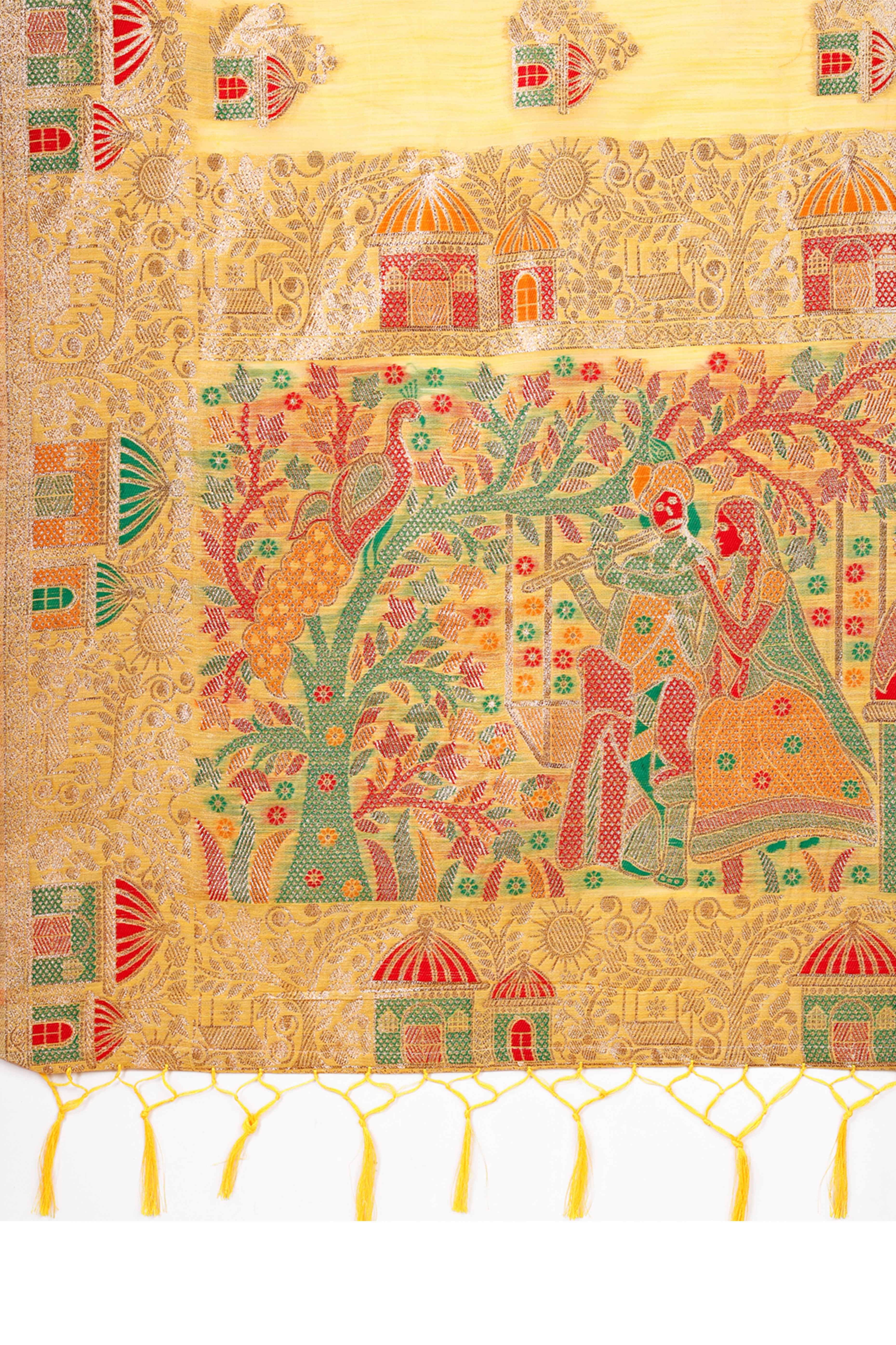 Yellow Zari Woven Linen Cotton Saree With Graceful Tassels