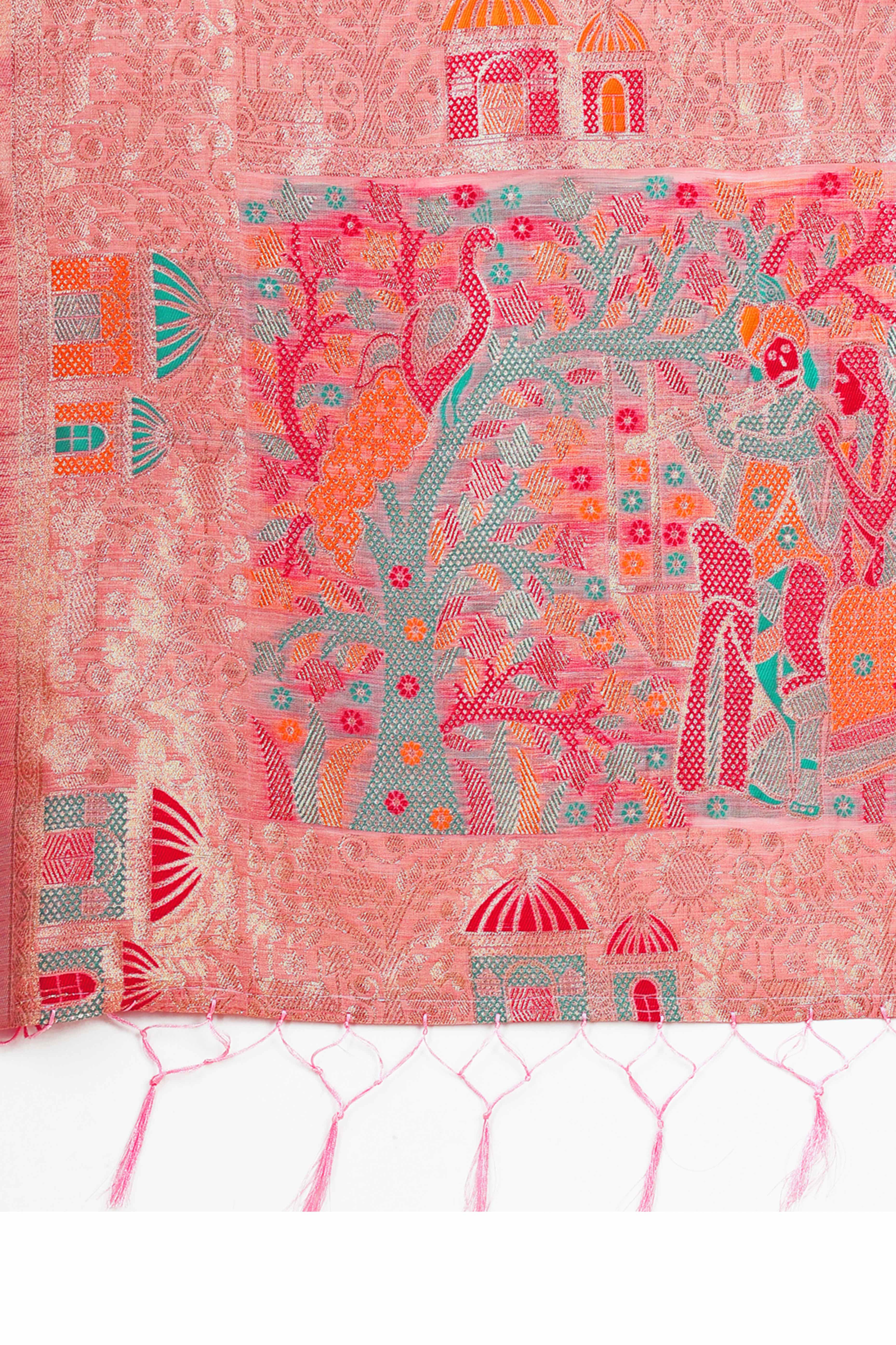 Pink Zari Woven Linen Cotton Saree With Graceful Tassels
