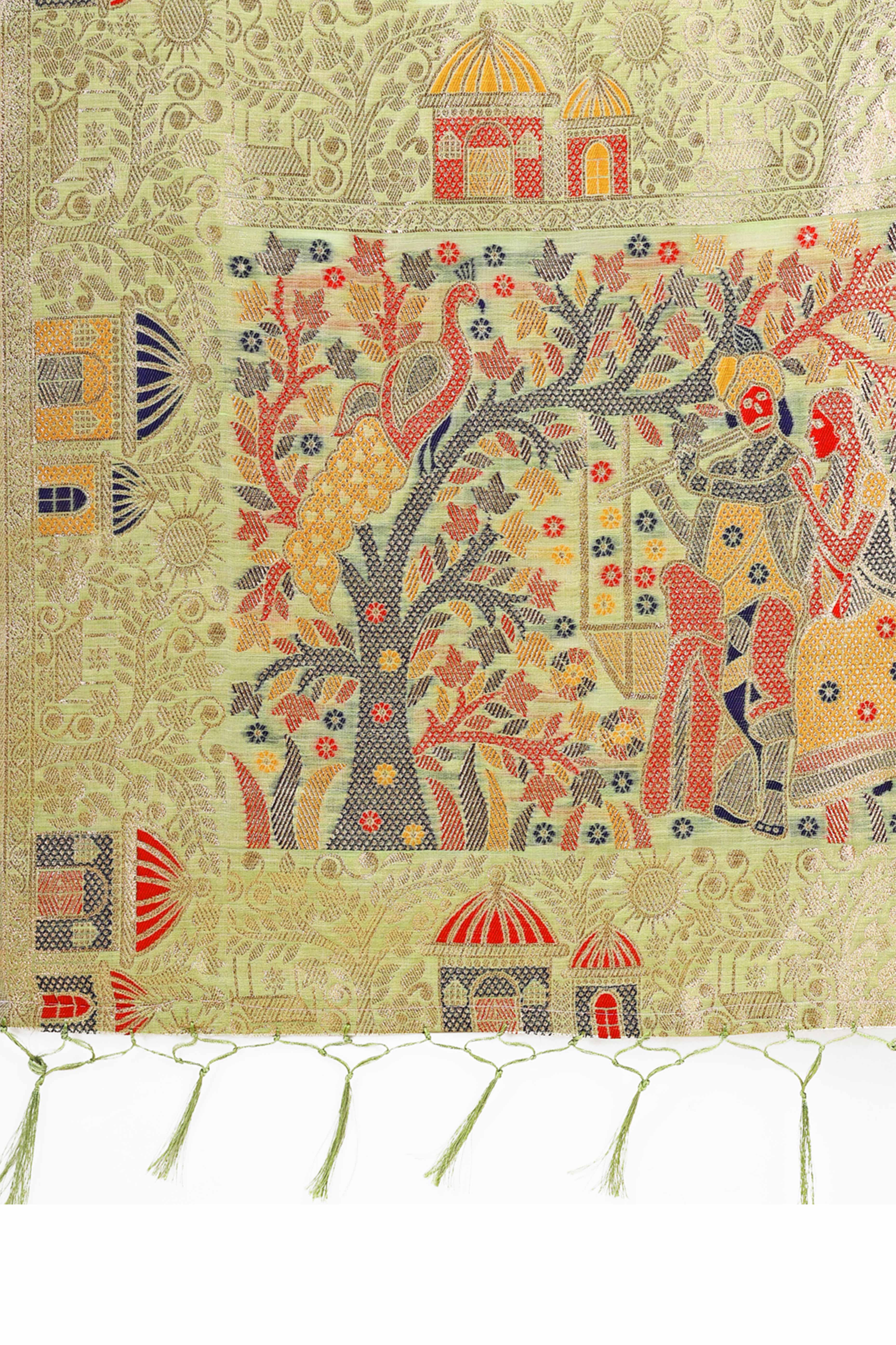 Light Green Zari Woven Linen Cotton Saree With Graceful Tassels