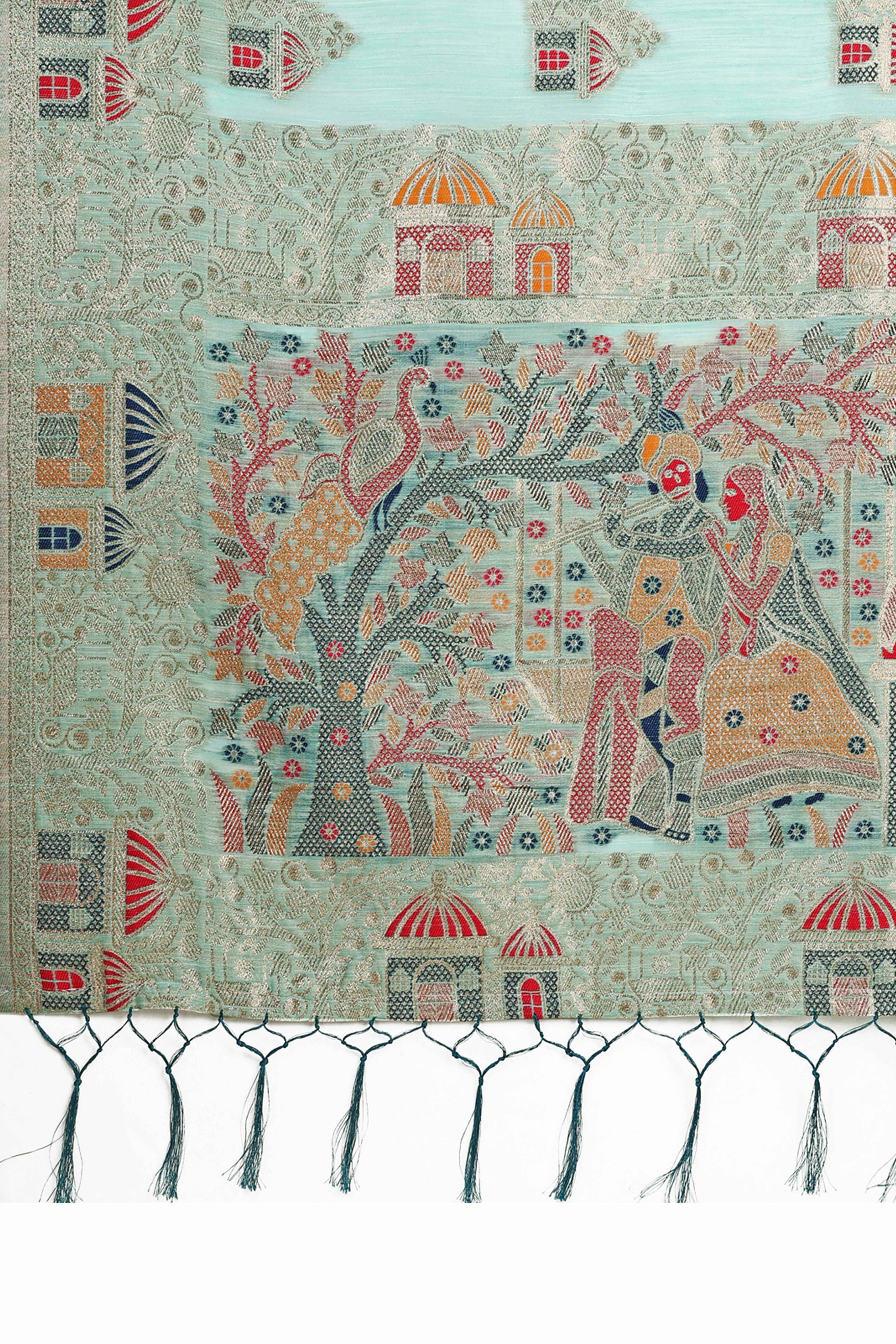 Turquoise Zari Woven Linen Cotton Saree With Graceful Tassels