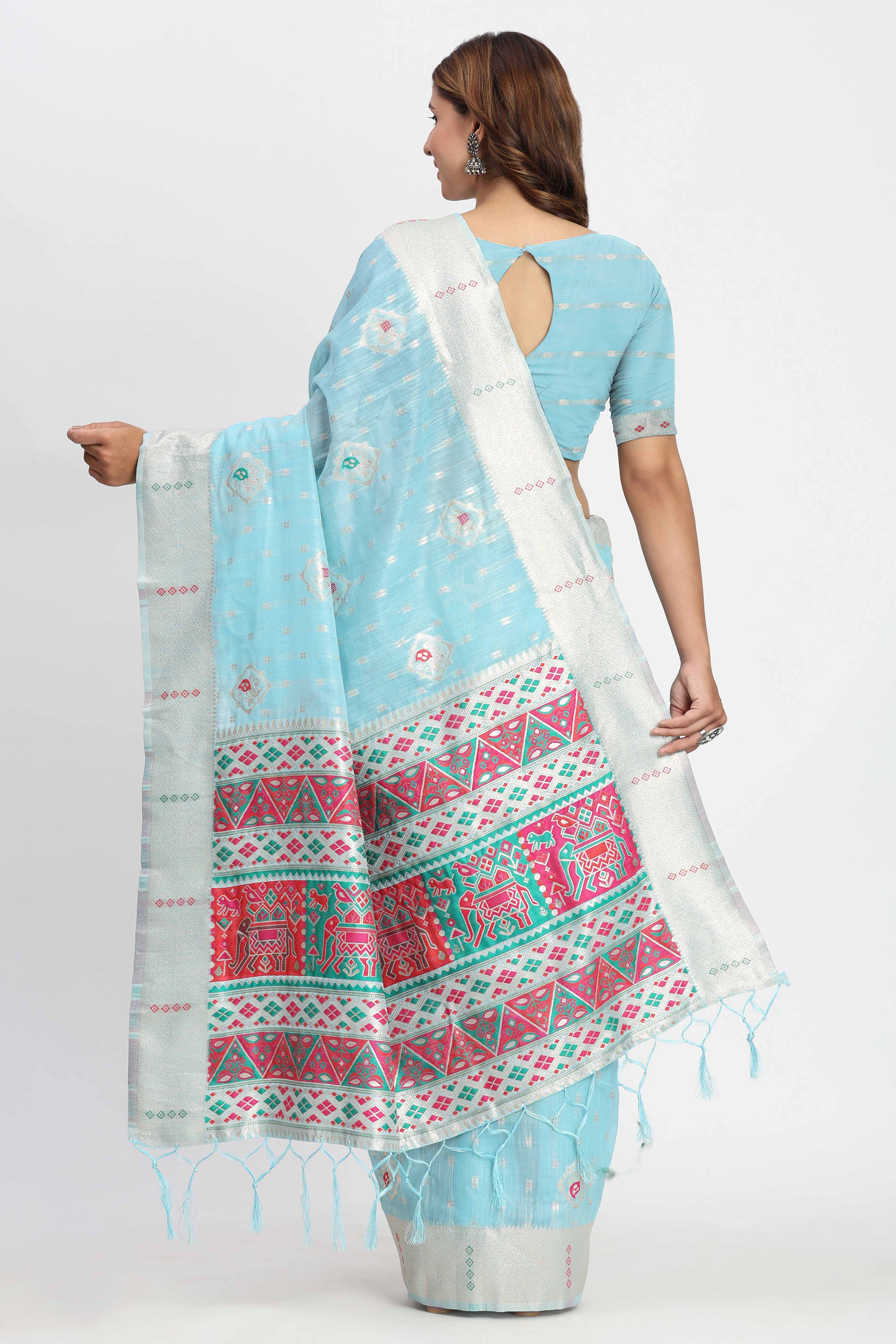 Shimmering Sky Blue linen Cotton Saree Embellished With Rich Zari Weaving And Tassels Pallu