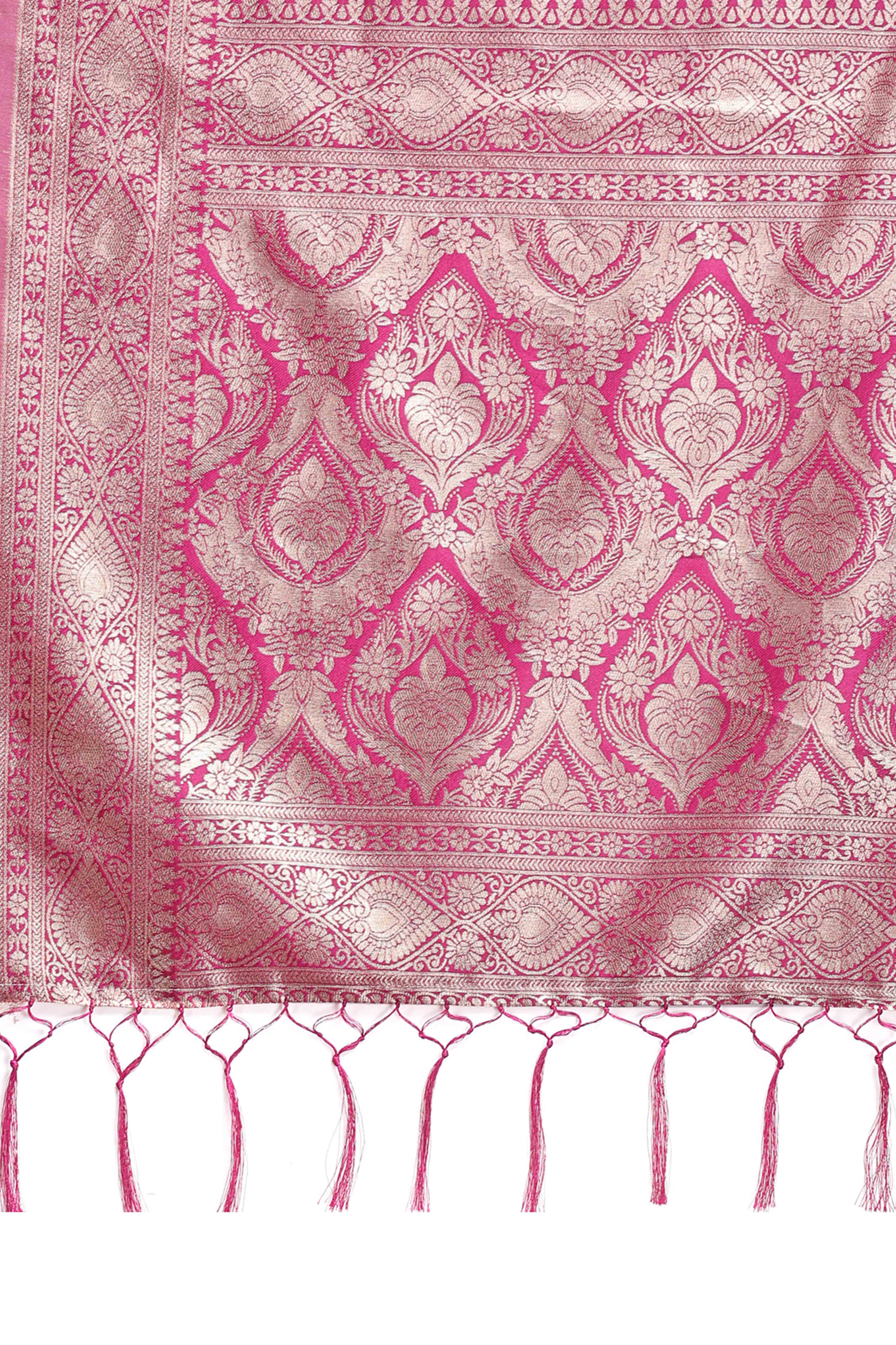 Vibrant Magenta Traditional Ikkat Style Zari Weaving Cotton Blend Saree with Bold Tassel Accents