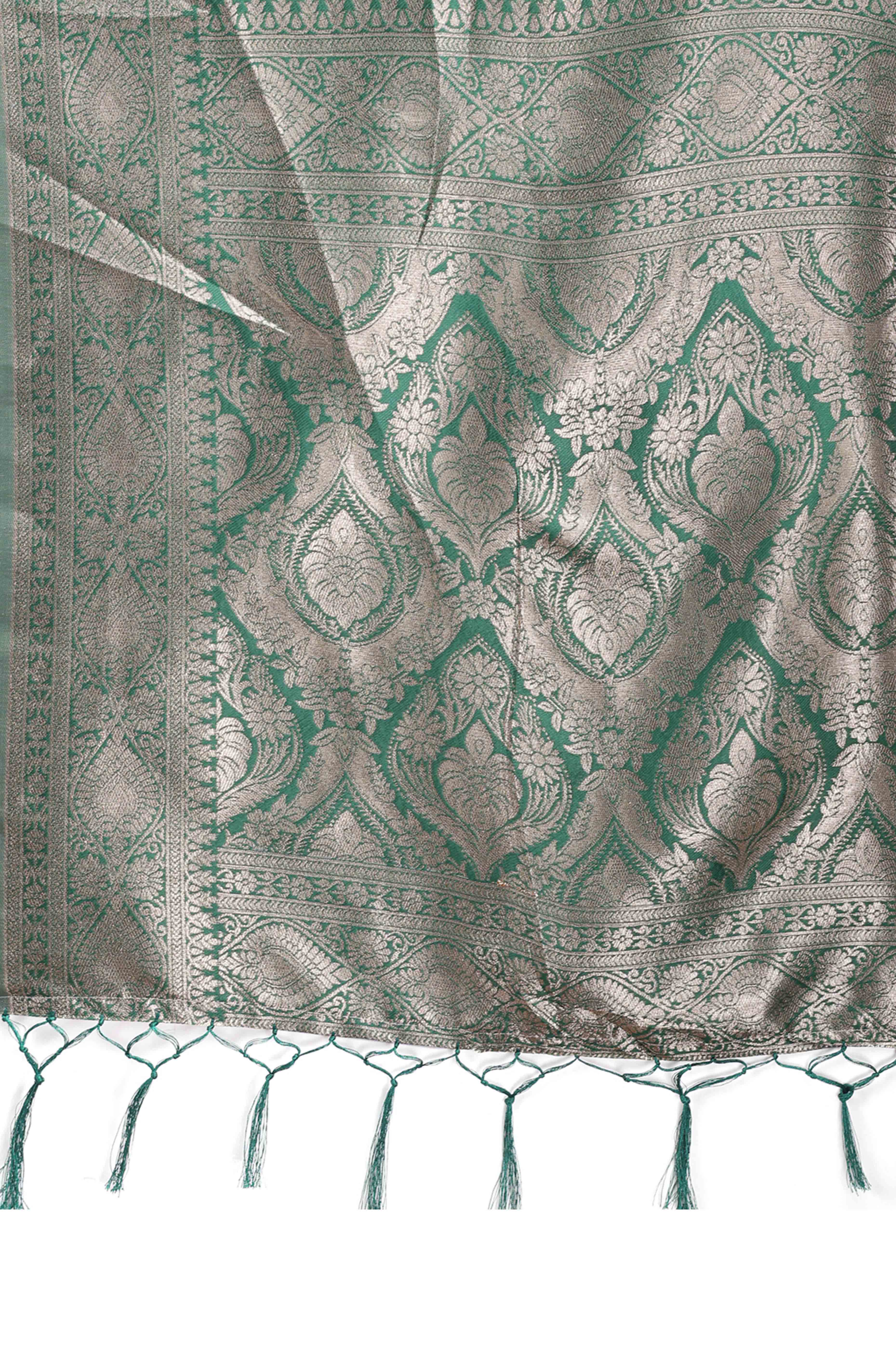 Refreshing Green Traditional Ikkat Style Zari Weaving Cotton Blend Saree with Harmonious Tassels