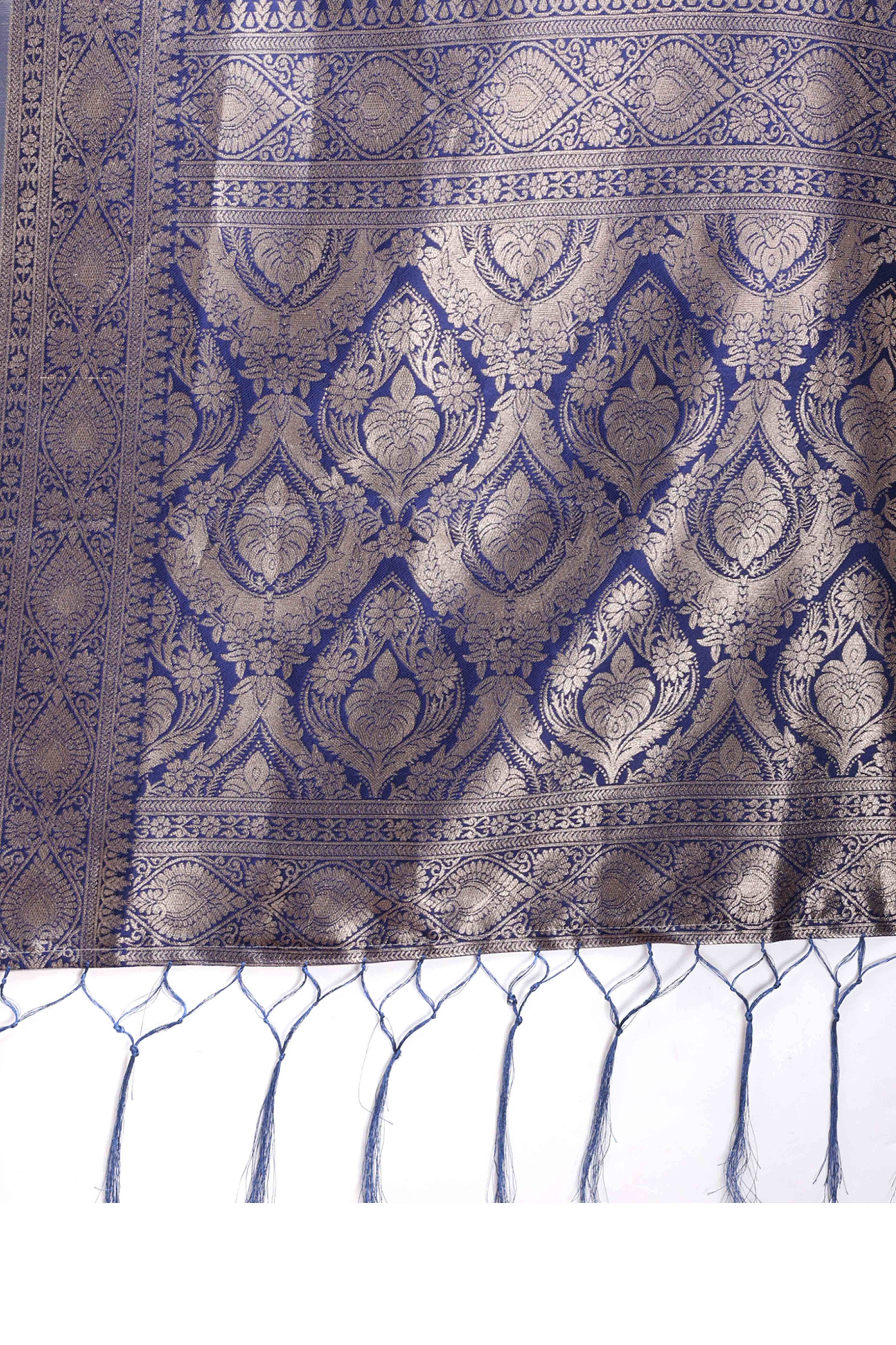 Deep Navy Blue Traditional Ikkat Style Zari Weaving Cotton Blend Saree with Elegant Tassel Embellishments