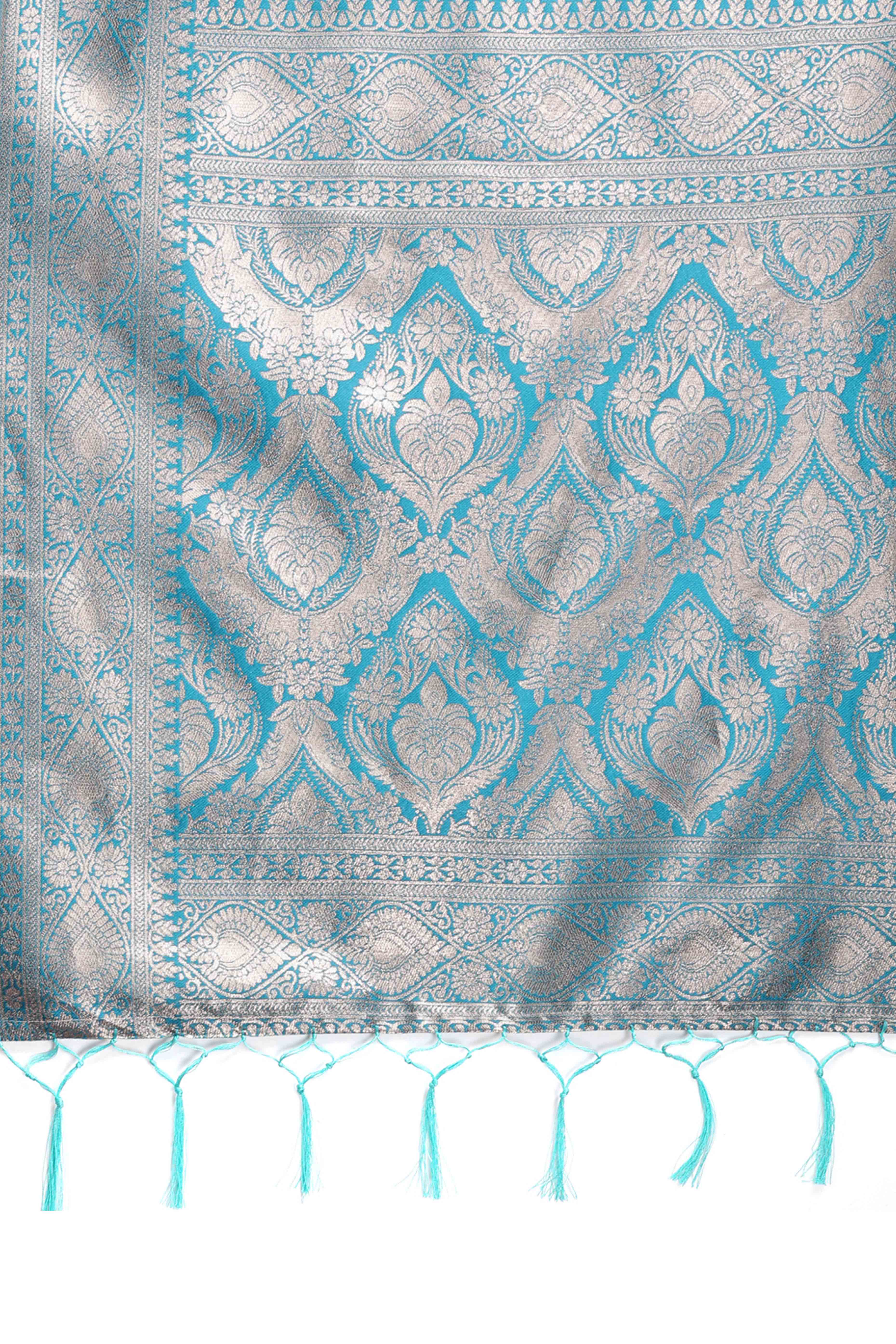 Brilliant Turquoise Traditional Ikkat Style Zari Weaving Cotton Blend Saree with Stunning Tassel Accents