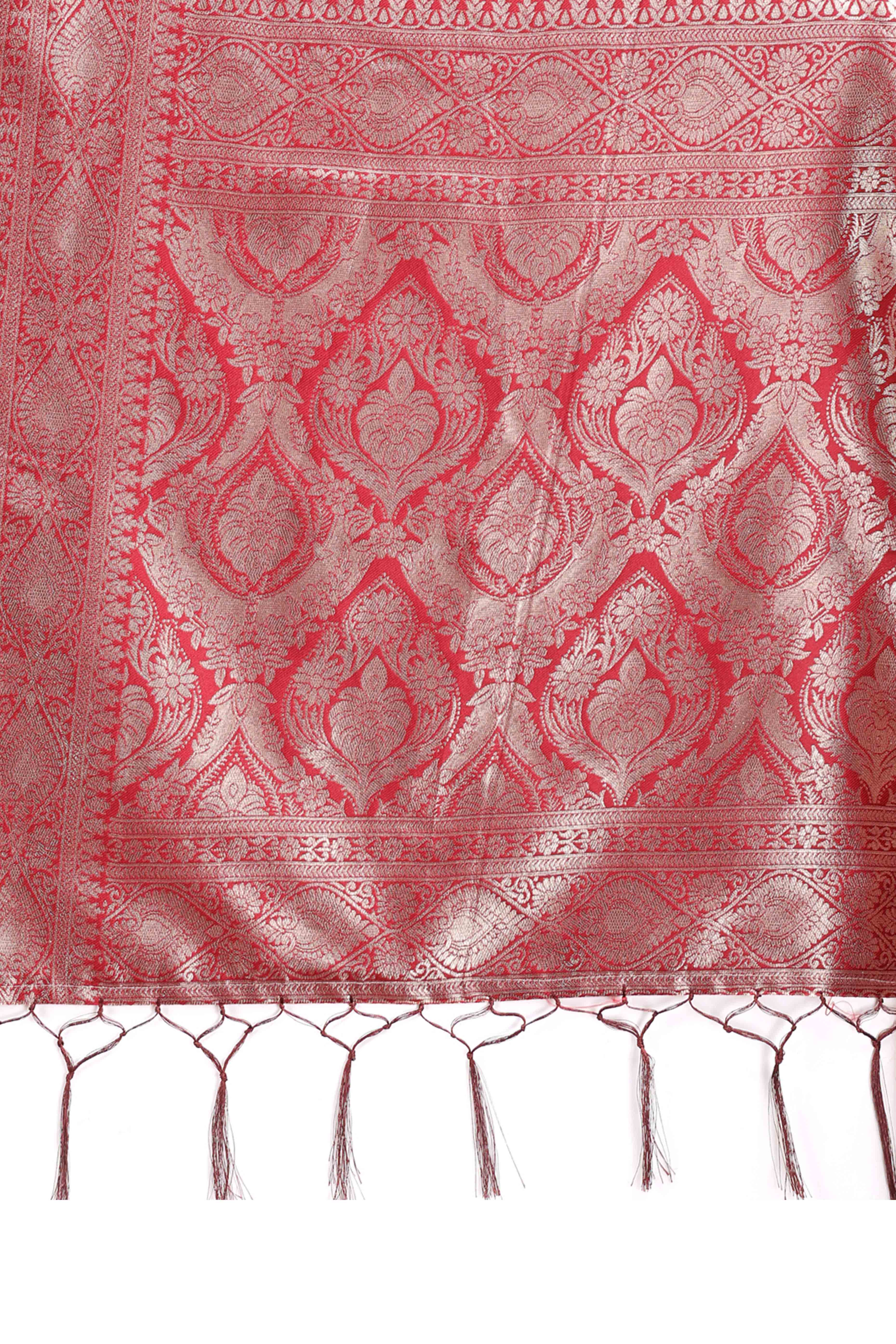 Passionate Red Traditional Ikkat Style Zari Weaving Cotton Blend Saree with Striking Tassel Ornaments