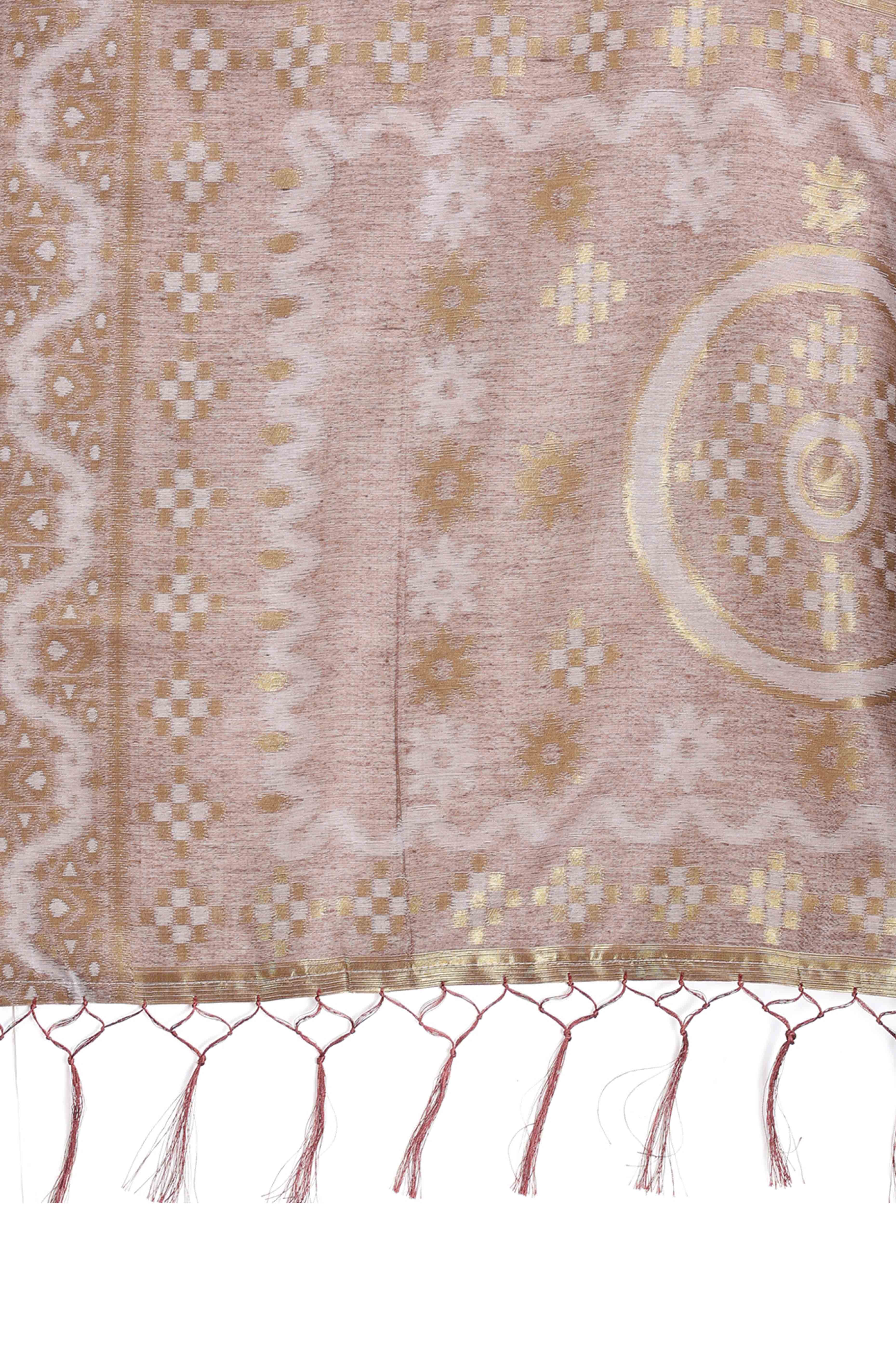 Sophisticated Brown Traditional Ikkat Style Zari Weaving Cotton Blend Saree Adorned with Elegant Tassels