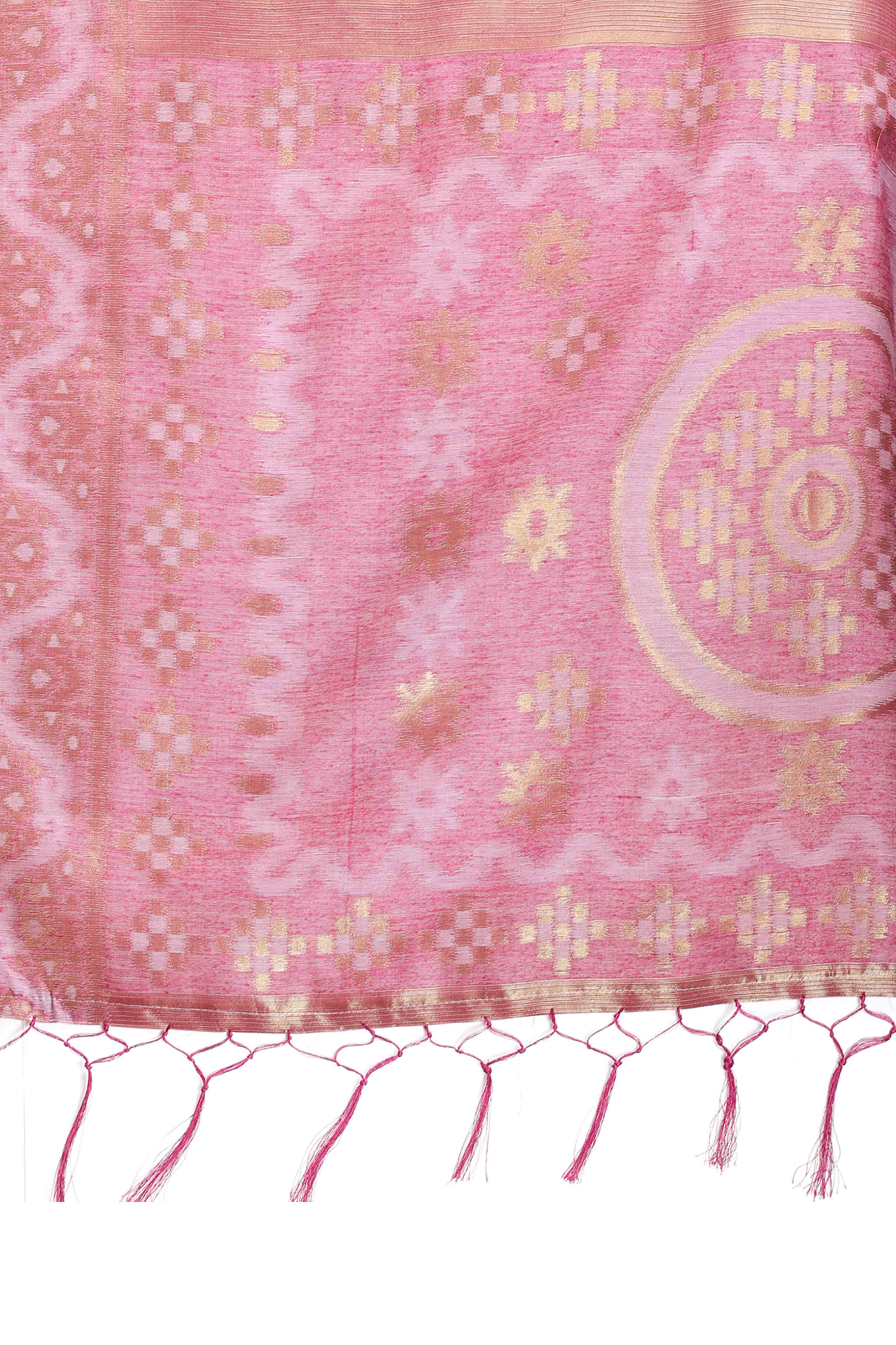 Graceful Pink Traditional Ikkat Style Zari Weaving Cotton Blend Saree with Lovely Tassel Accents