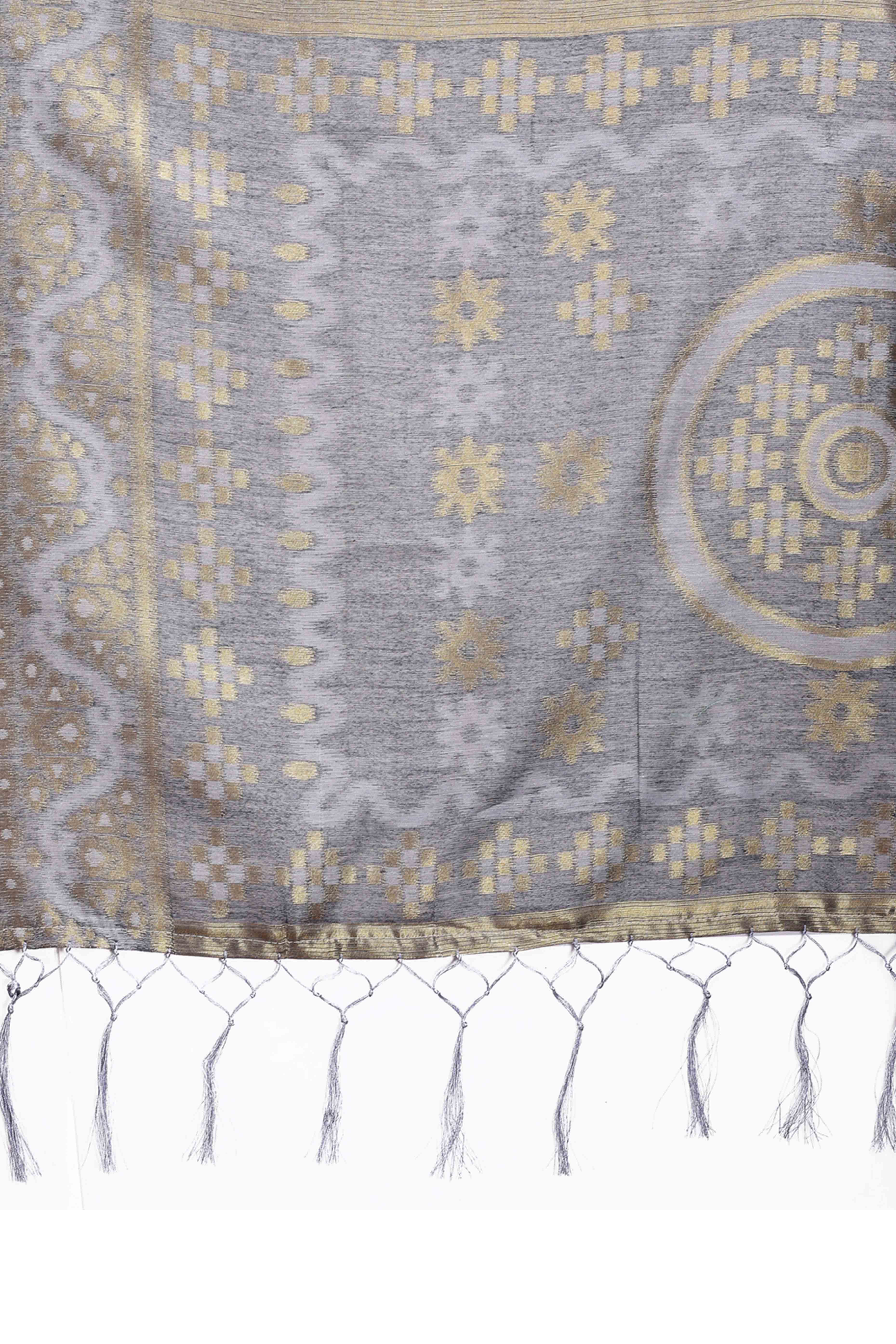Stylish Grey Traditional Ikkat Style Zari Weaving Cotton Blend Saree with Subtle Tassel Ornaments