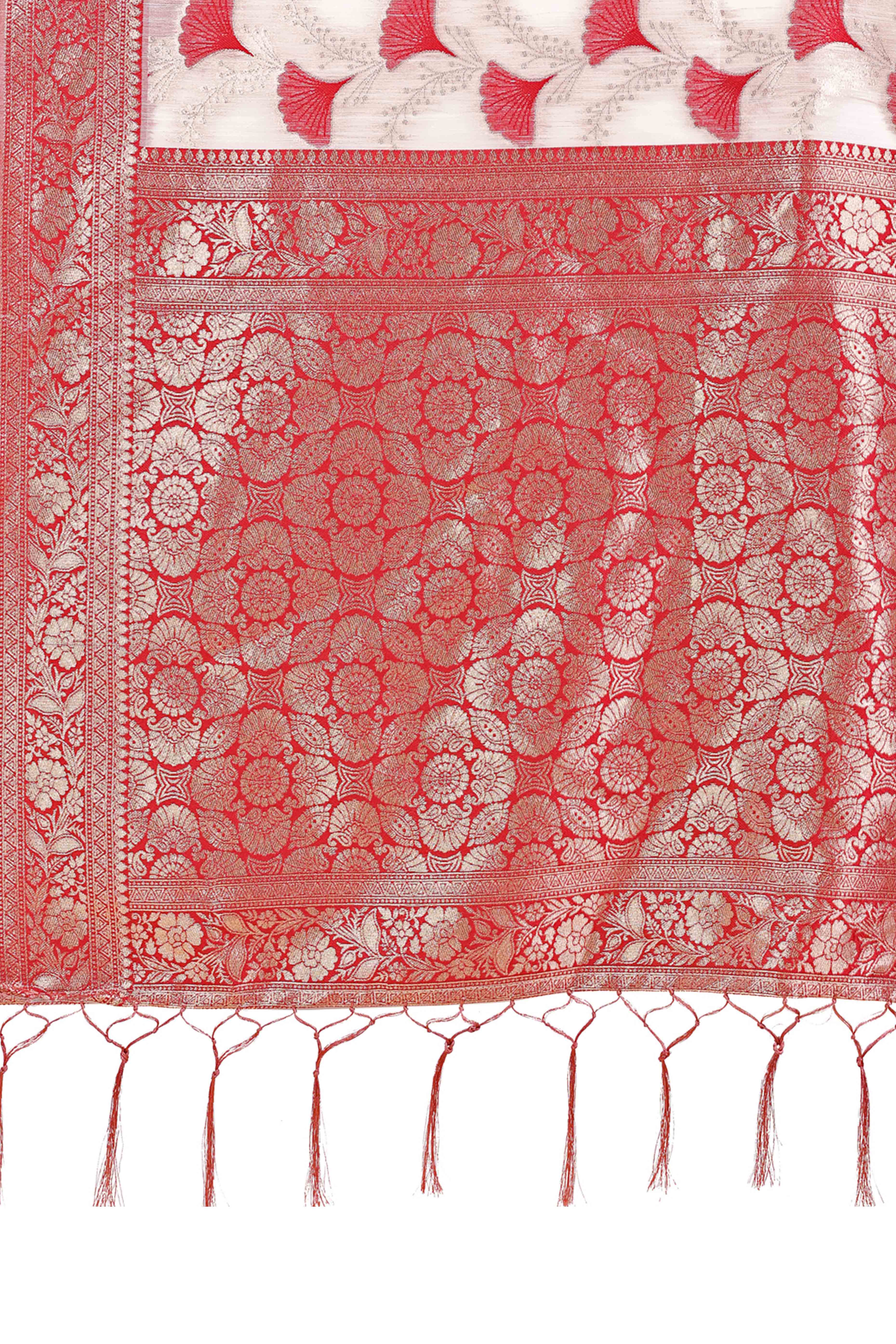 Maroon Saree In Linen Cotton With Beautiful Floral Woven Patterns & a Tassel