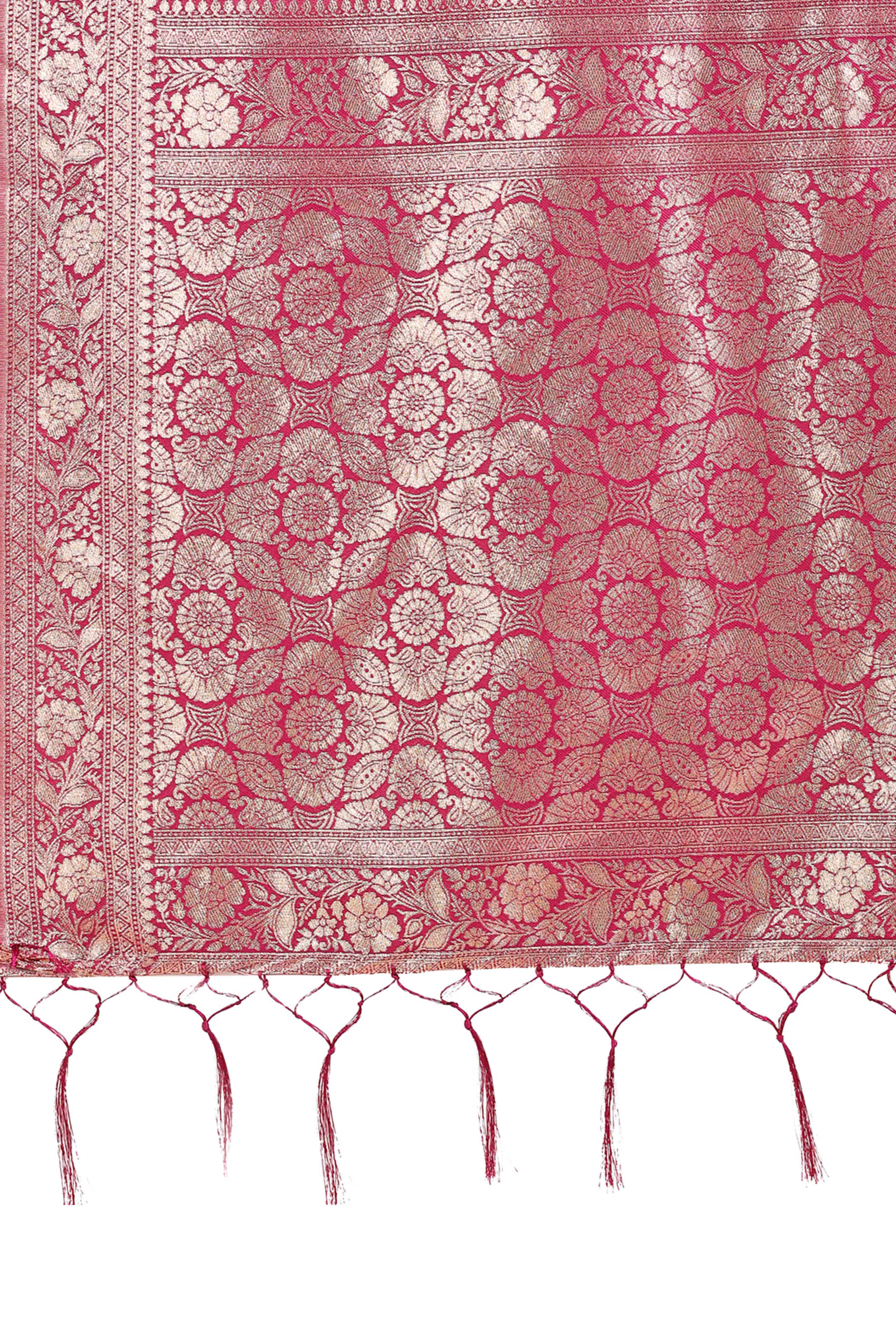 Dark Magenta Saree In Linen Cotton With Beautiful Floral Woven Patterns & a Tassel