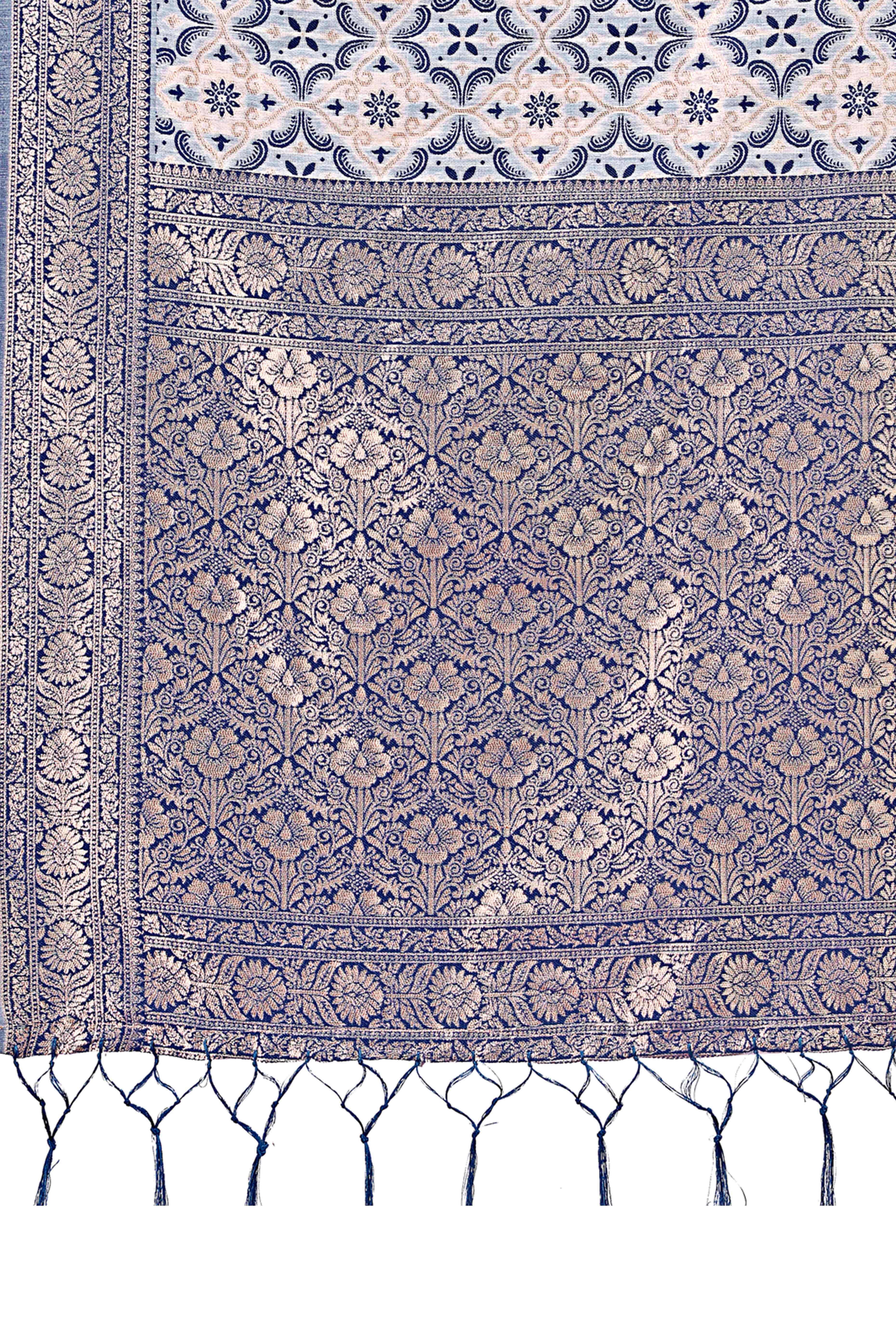 Blue Cotton Blend Saree with Woven Floral Brocade Patterns and Tasseled Borders