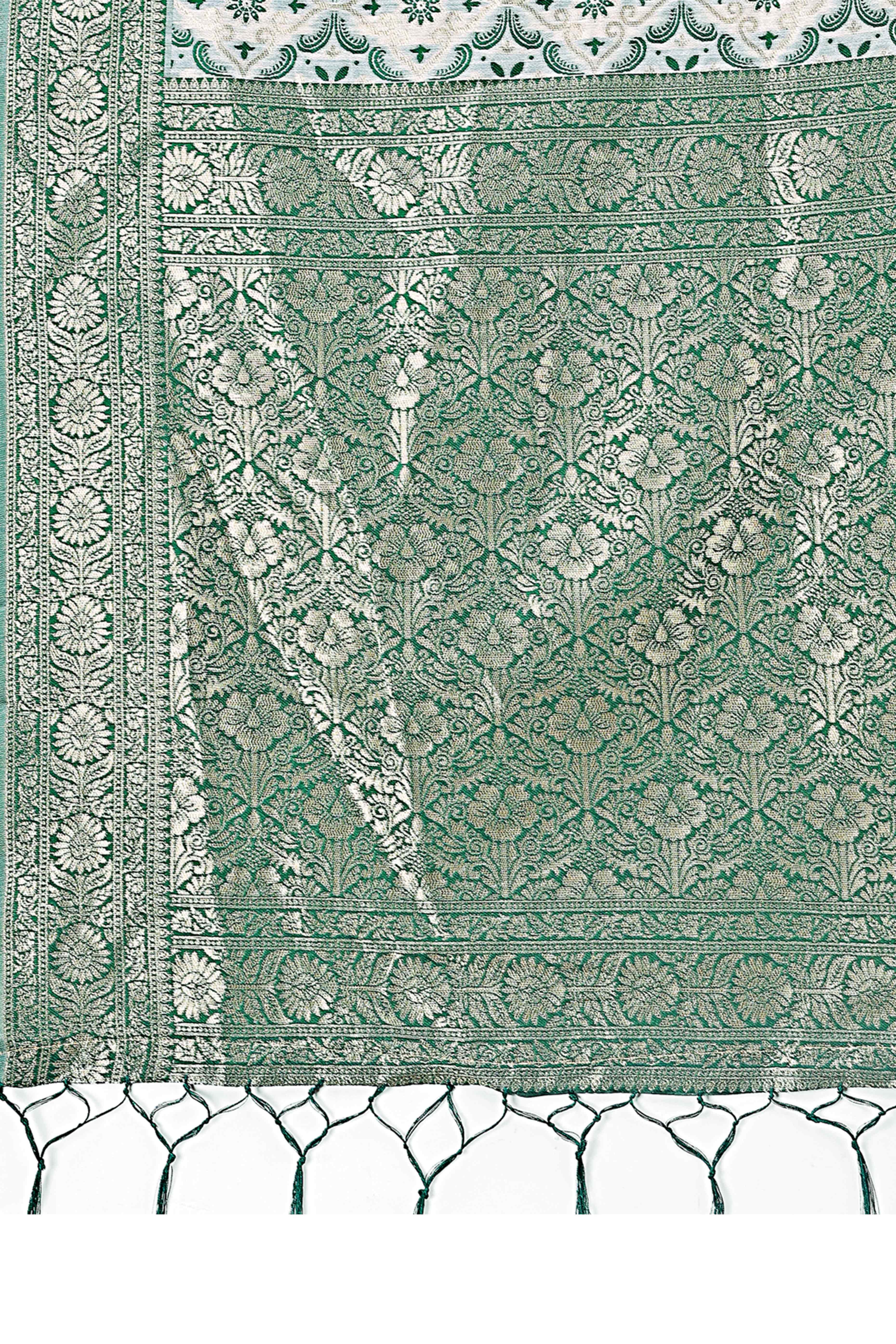 Green Cotton Blend Saree with Woven Floral Brocade Patterns and Tasseled Borders