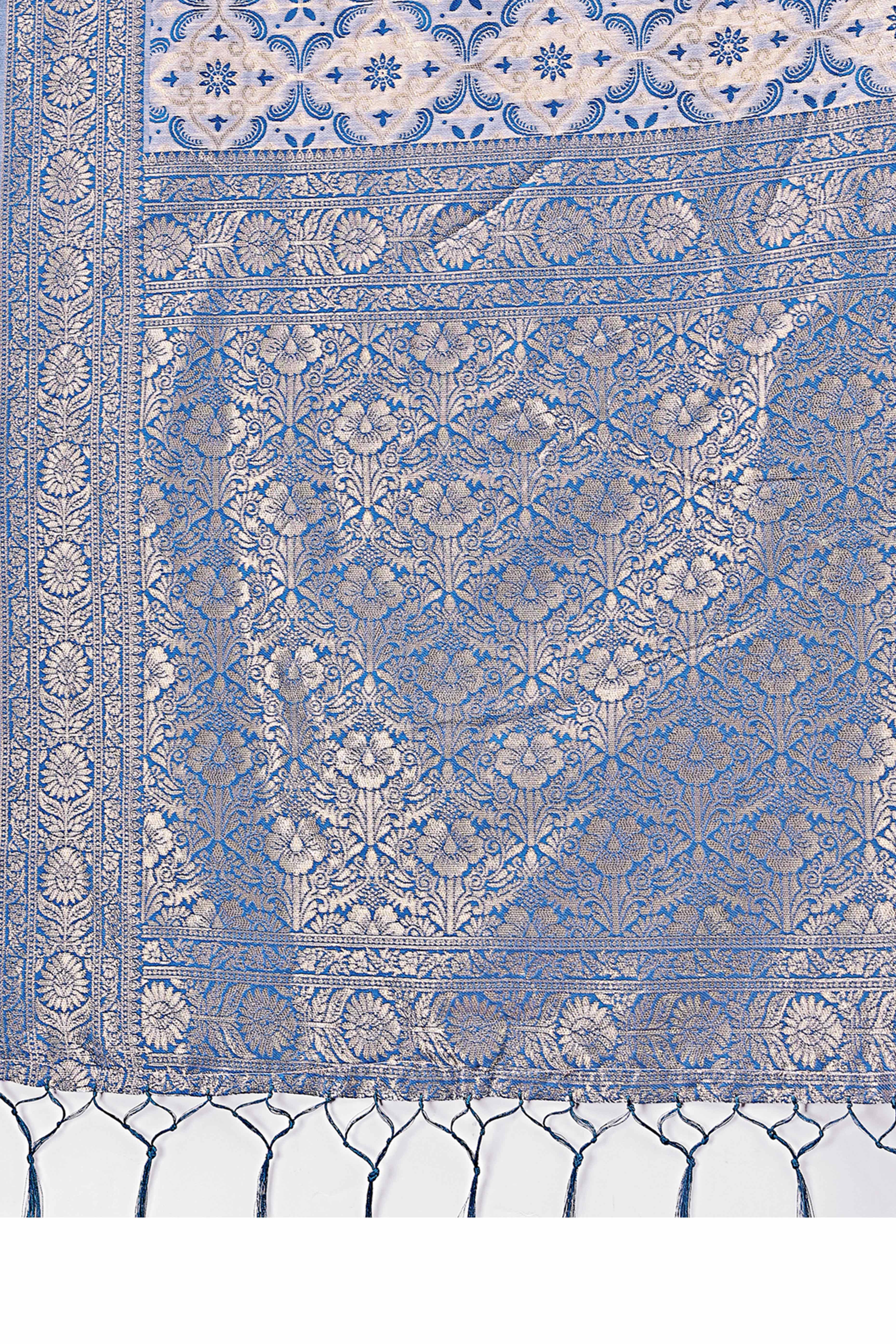 Sky Blue Cotton Blend Saree with Woven Floral Brocade Patterns and Tasseled Borders