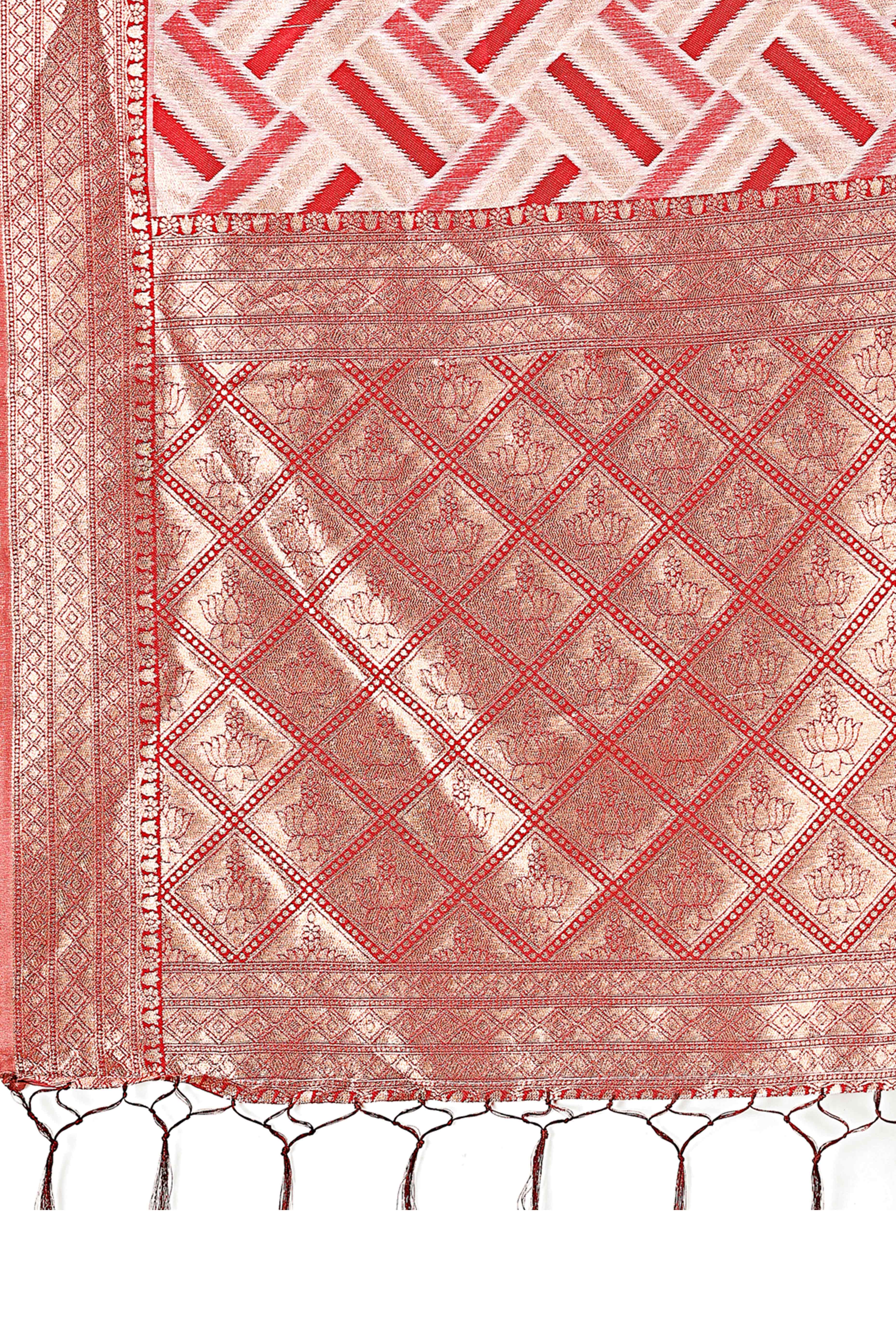 Red Saree with Zari Woven Geometric Motifs and Graceful Tassel Accents