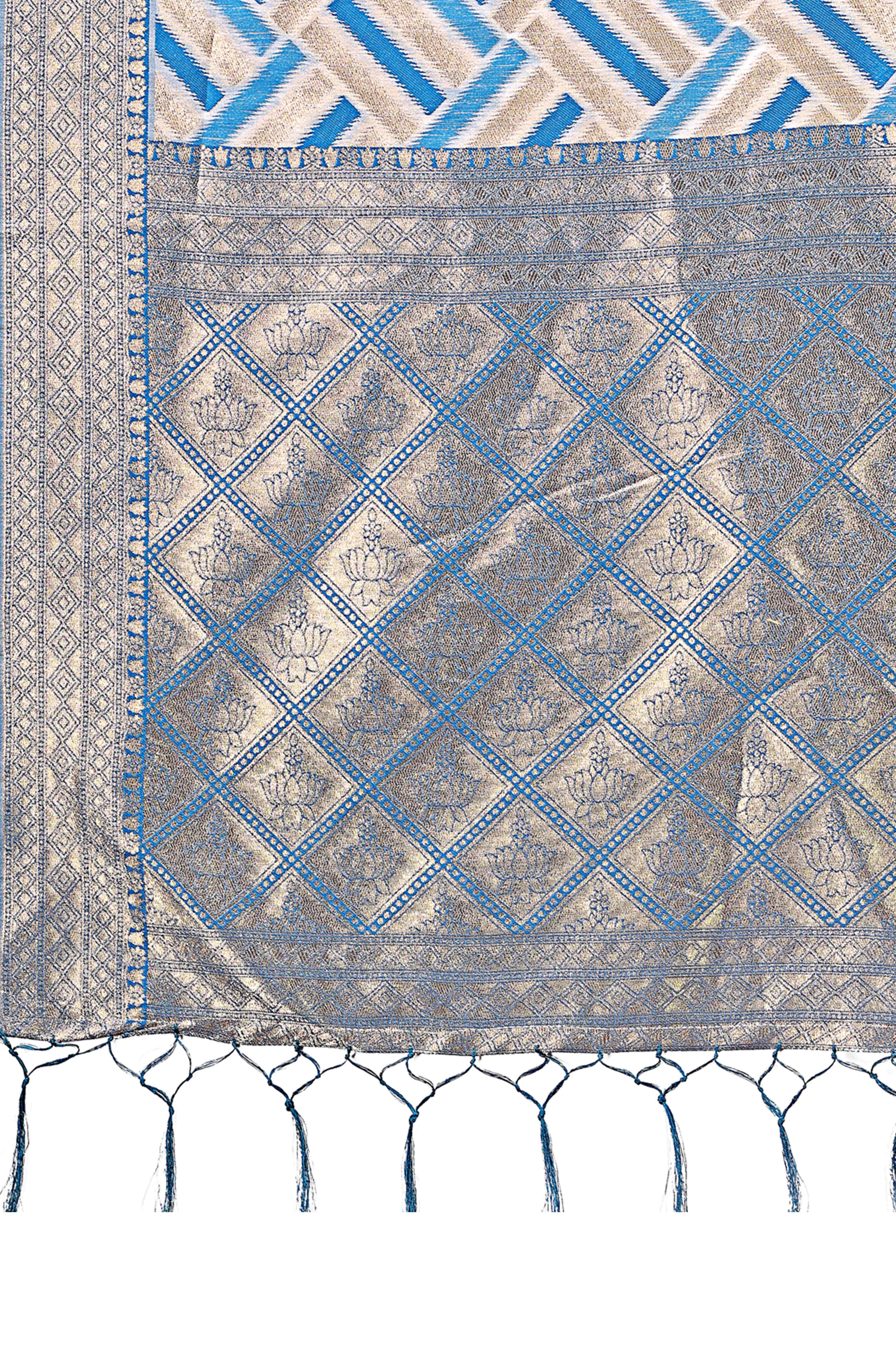 Blue Saree with Zari Woven Geometric Motifs and Graceful Tassel Accents
