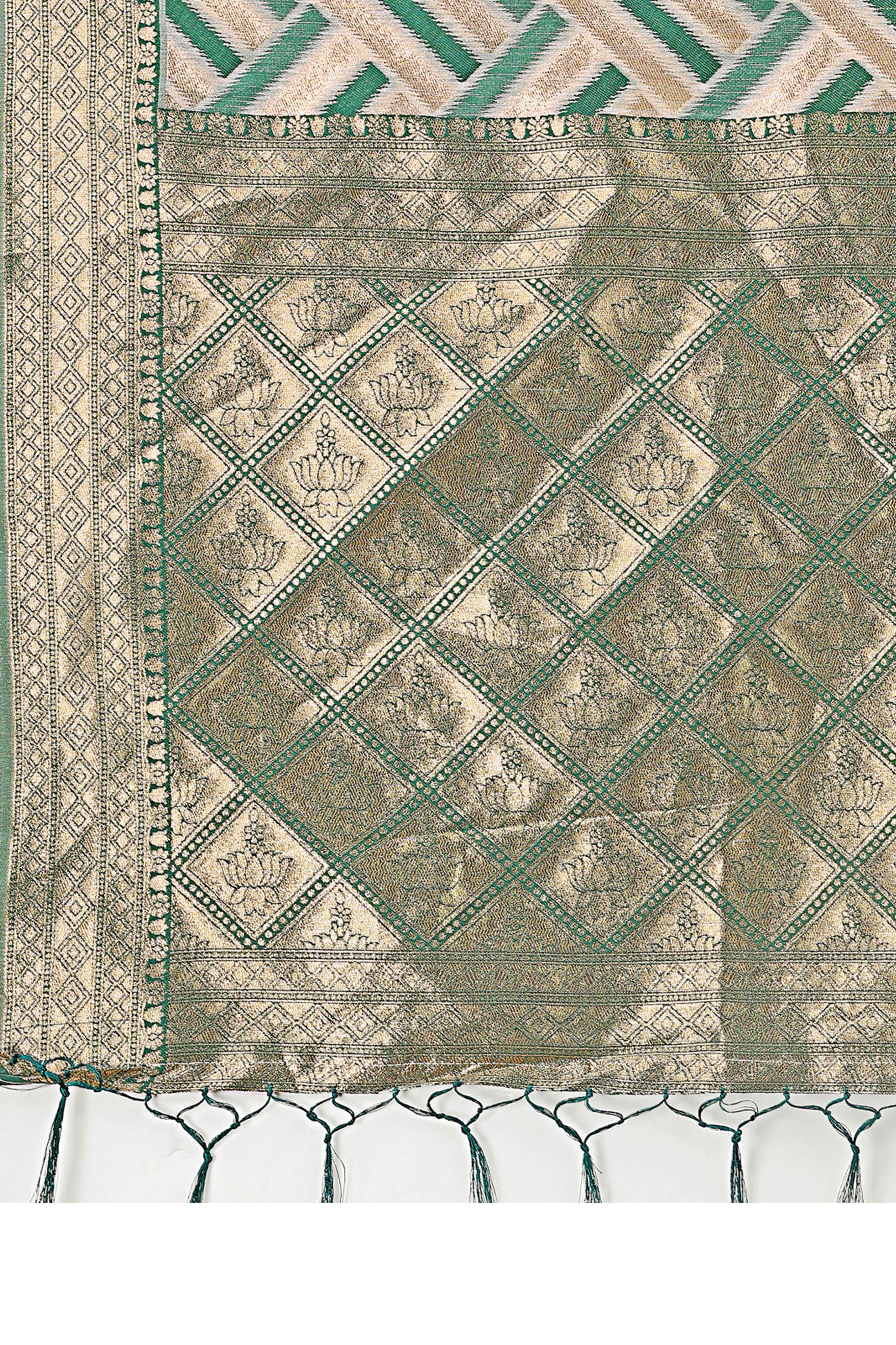 Green Saree with Zari Woven Geometric Motifs and Graceful Tassel Accents