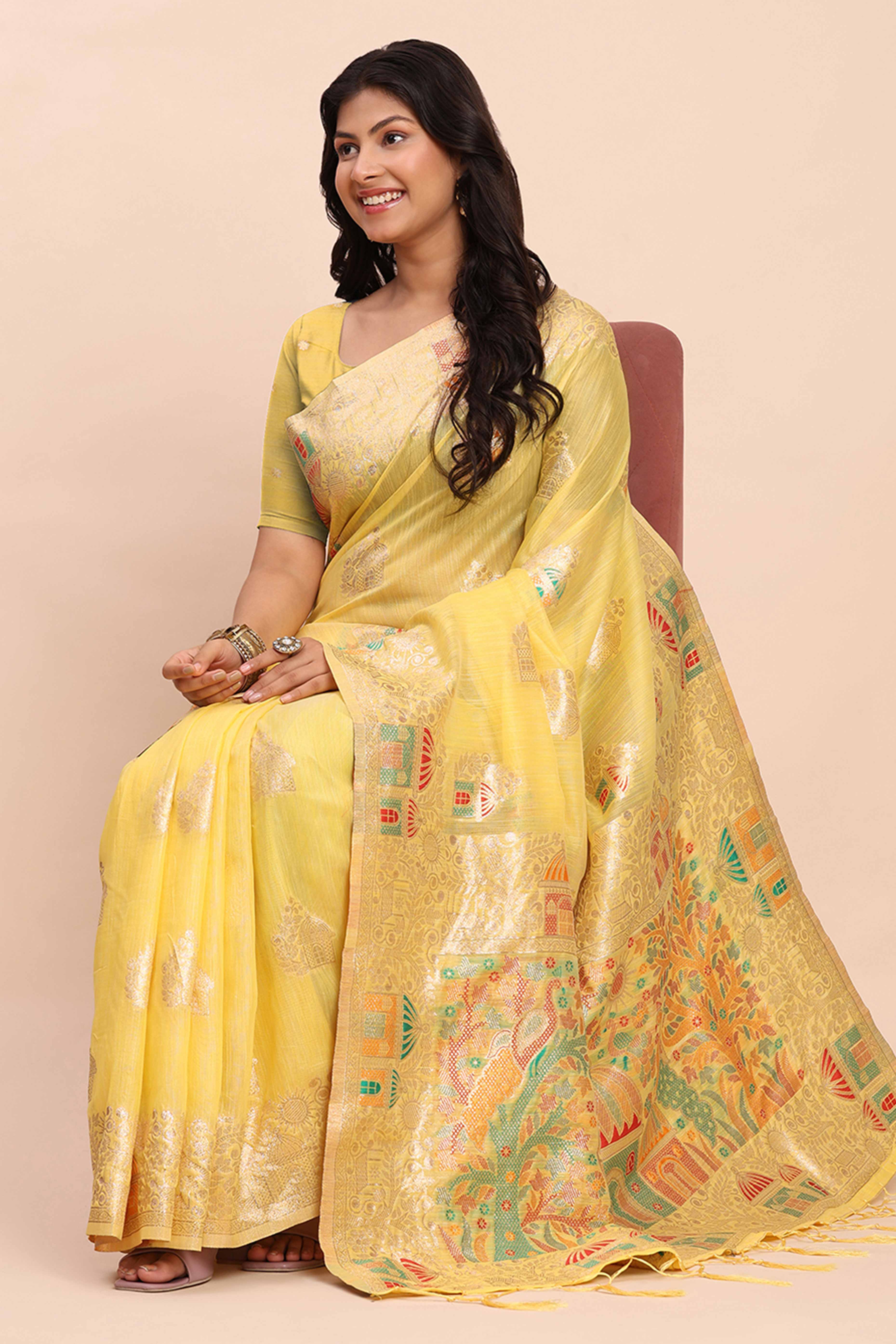 Yellow Bloom Zari Woven Linen Cotton Saree Adorned With Floral Motifs & A Tassel Finish